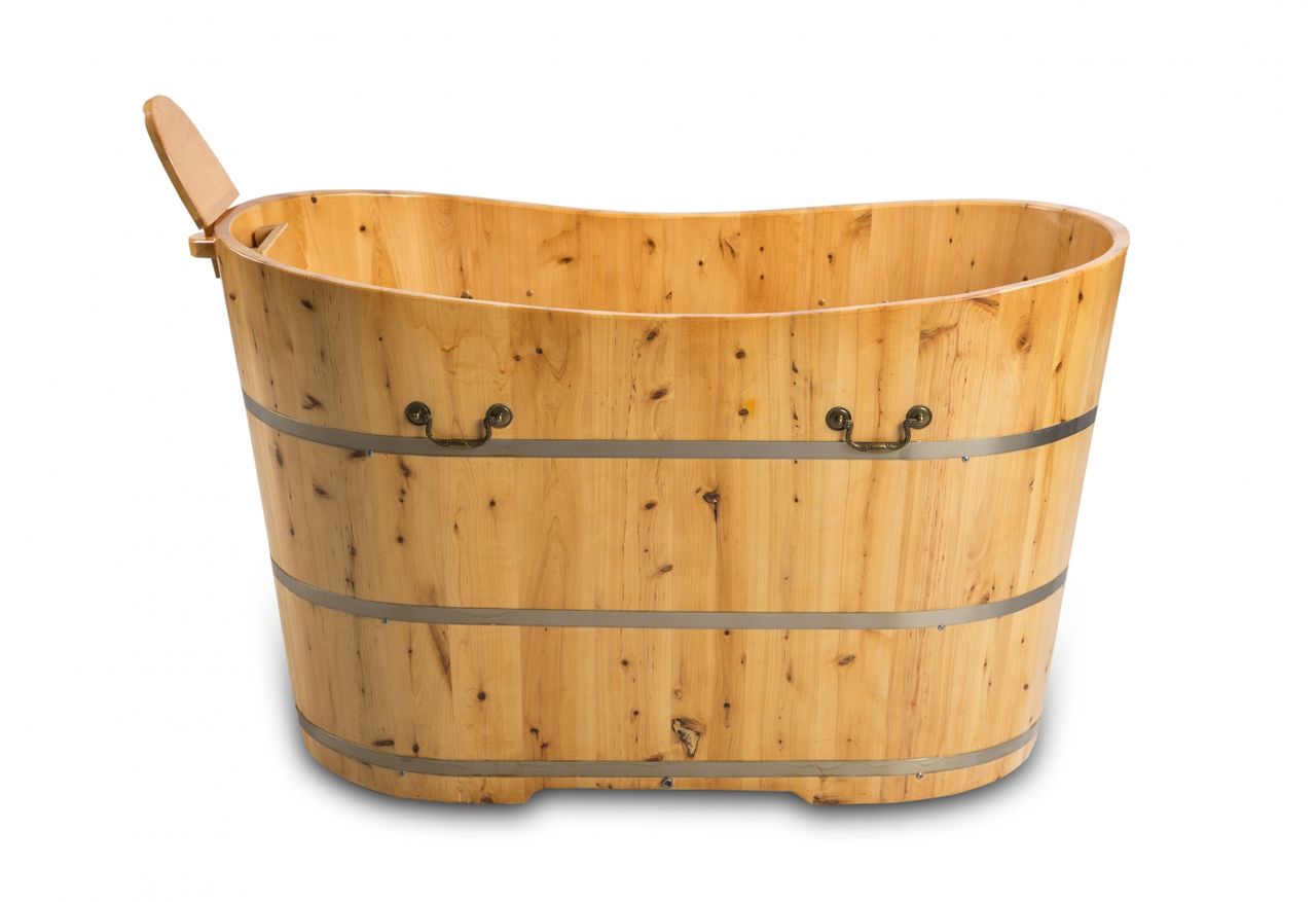 PureHaven freistehende Holzbadewanne 150x62cm aus Zedernholz 150 L ergonomische Formgebung pflegeleichte Oberfläche verstärkter Rahmen inkl. Ablauf