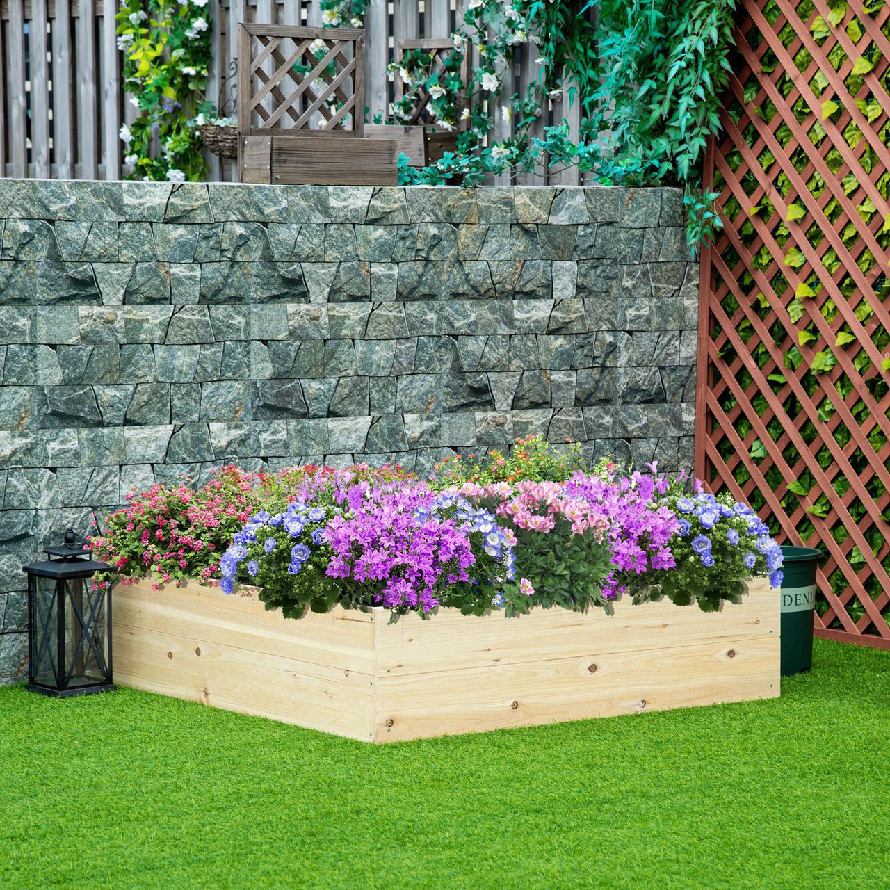 Outsunny Hochbeet aus Holz Gartenbeet mit Vliesstoff Pflanzkübel Pflanzkasten Kräuterbeet für Balkon Garten Natur 117 x 117 x 30 cm