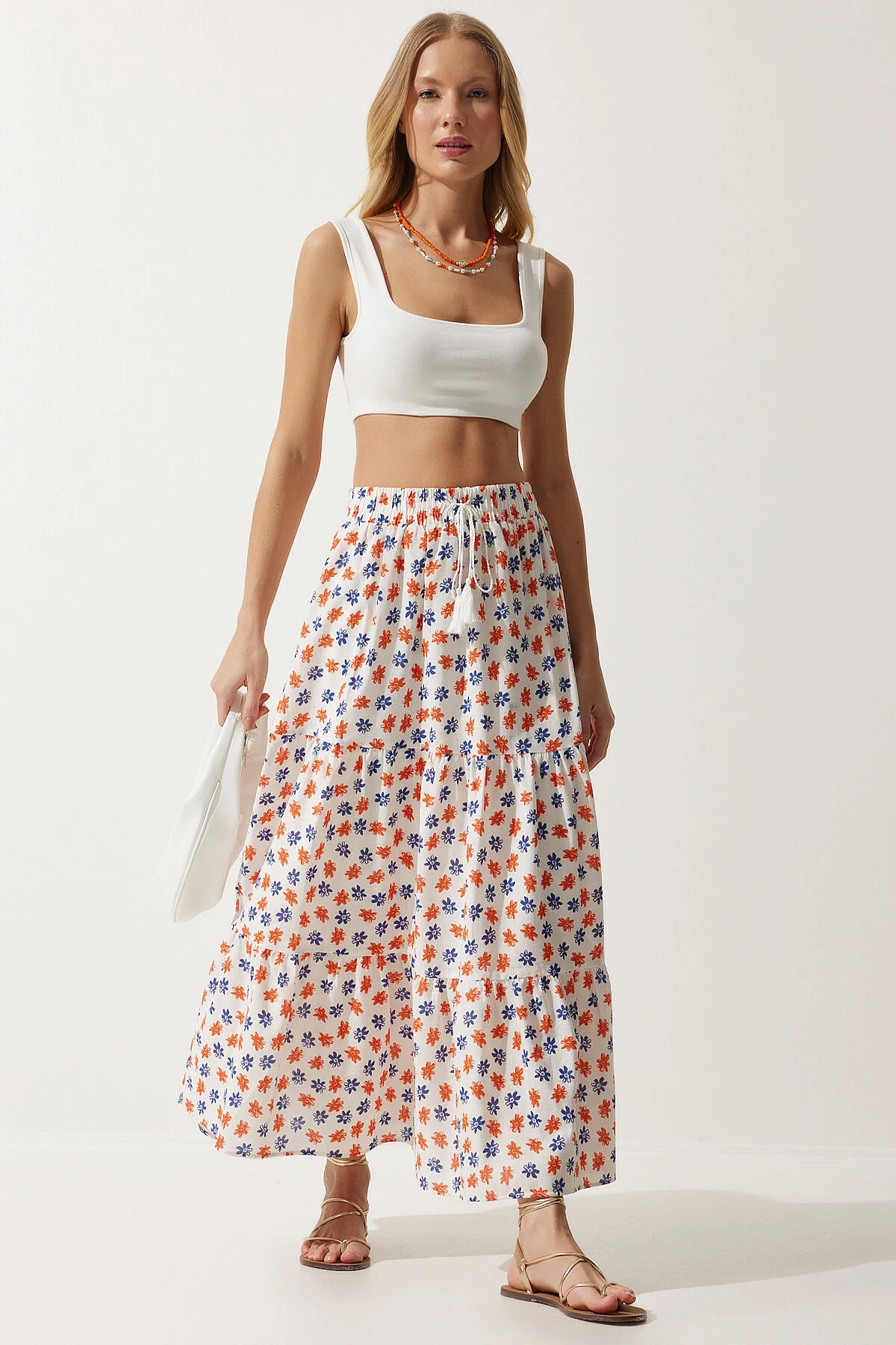 Happiness İstanbul  Ecru-orangefarbener Sommer-Leinenrock mit Blumenmuster und Volants für Damen RG00016