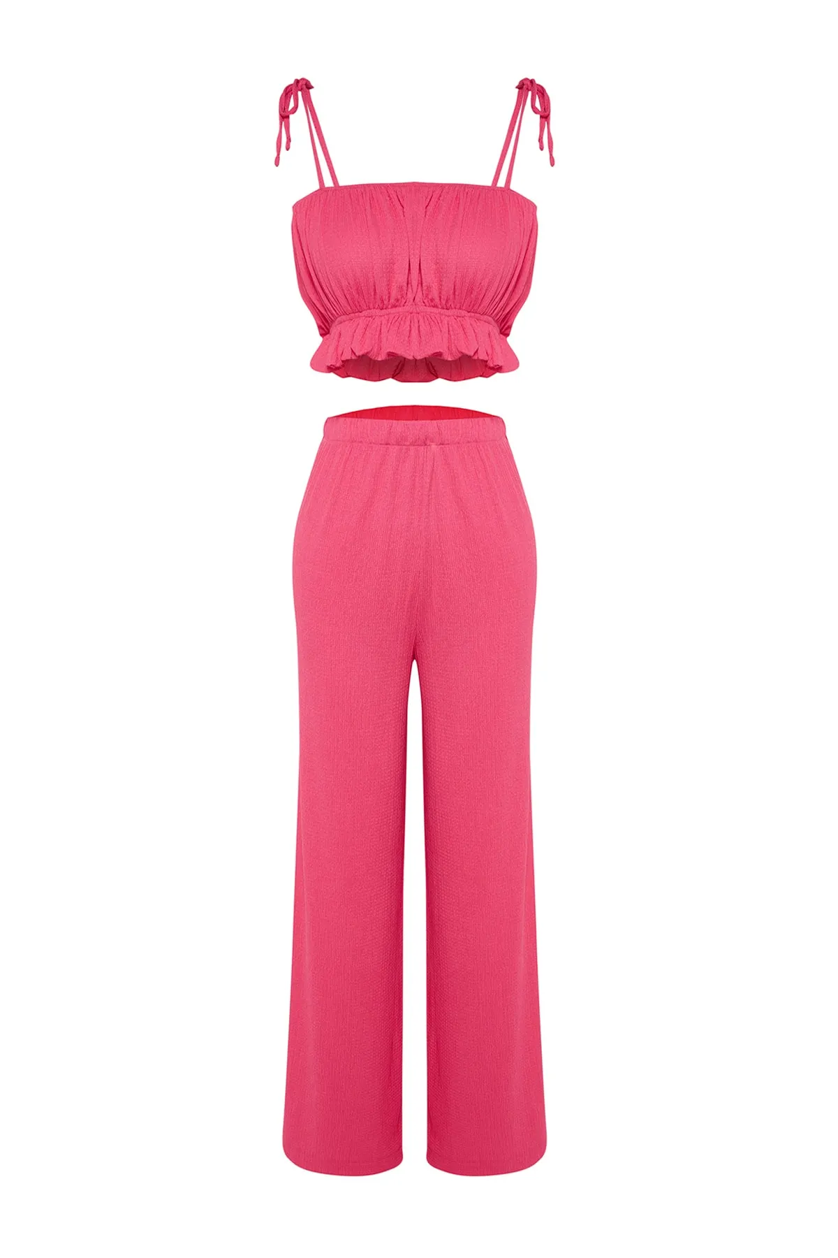 Trendyol Collection  Rosa gewebtes Rüschenblusen-Hosen-Set TBESS23AU00113