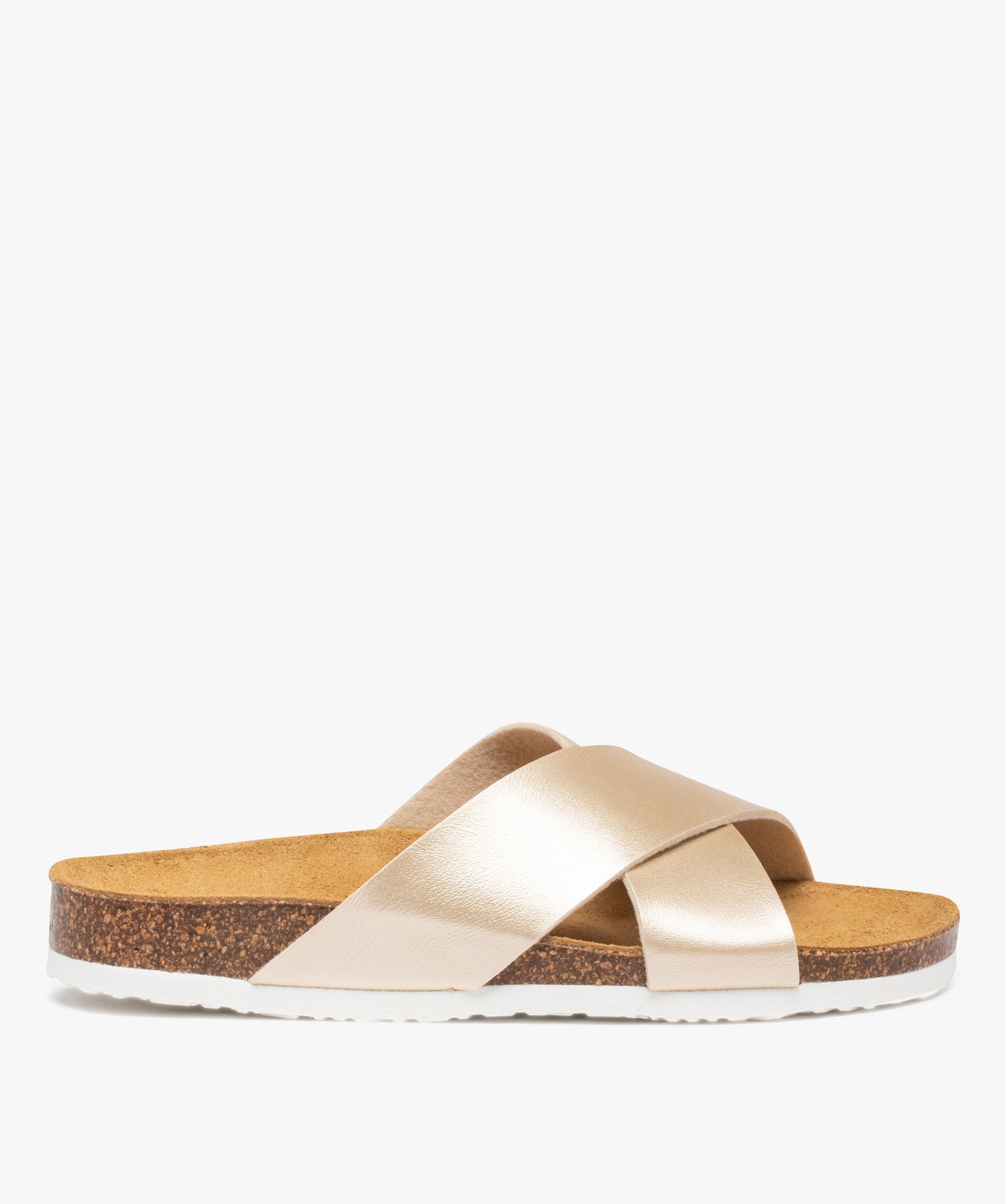 Mules femme à talon plat et larges brides croisées or | GEMO