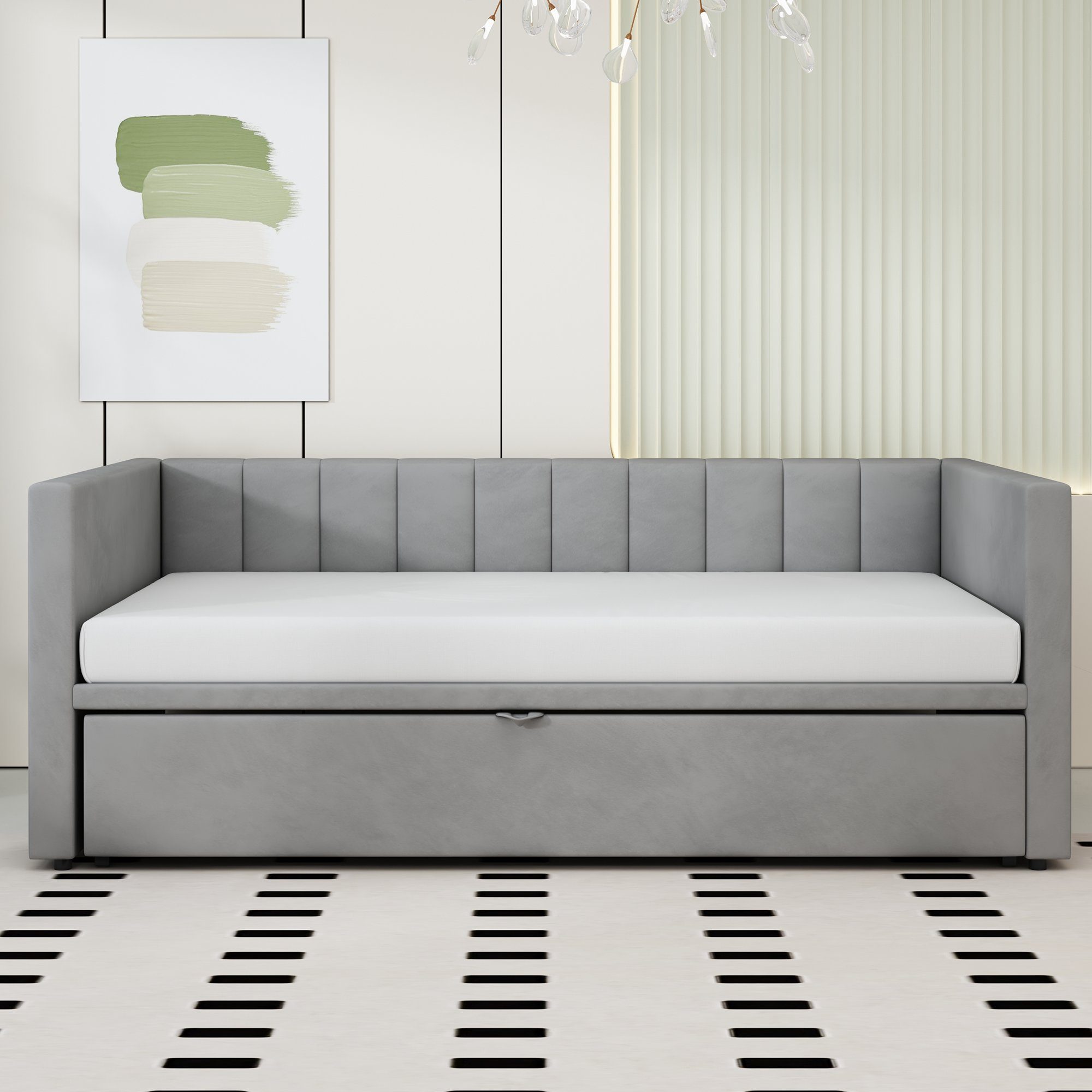OKWISH Polsterbett Schlafsofa Kinderbett Bett Funktionsbett Doppelbett (mit Lattenrosten, Multifunktionsbett aus hautfreundlichem Samtstoff, Ausziehbares Schlafsofa 90/180*200 cm), ohne Matratze