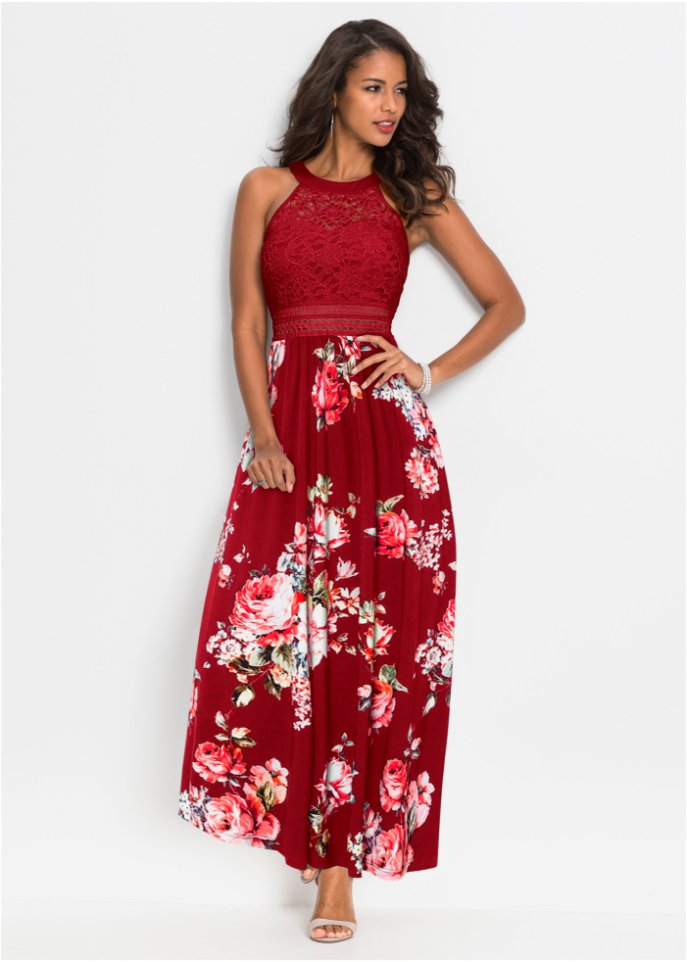 Sommer-Maxikleid mit Blumen-Print und Spitze