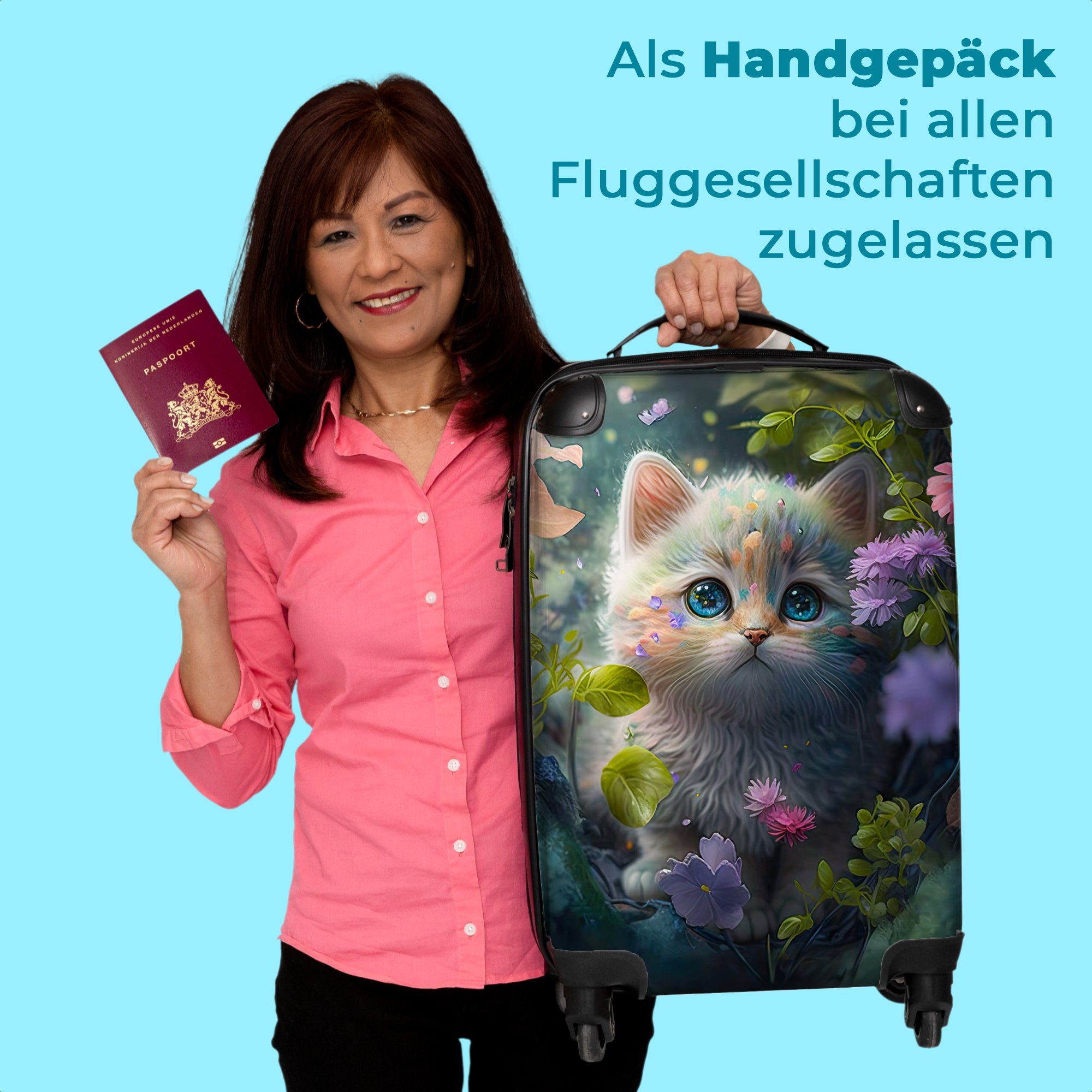 NoBoringSuitcases.com© Handgepäckkoffer 55x35x20cm Kätzchen - Blumen - Wald - Illustration - Katze, 4 Rollen, Handgepäck Trolley Rollkoffer Kleine Reisekoffer mit 4 Rollen - Cabin