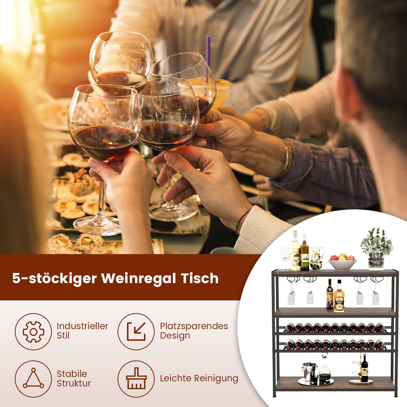 COSTWAY Weinregal, stehend, mit Glashalter & Regalen, Metall, 35x101x100cm