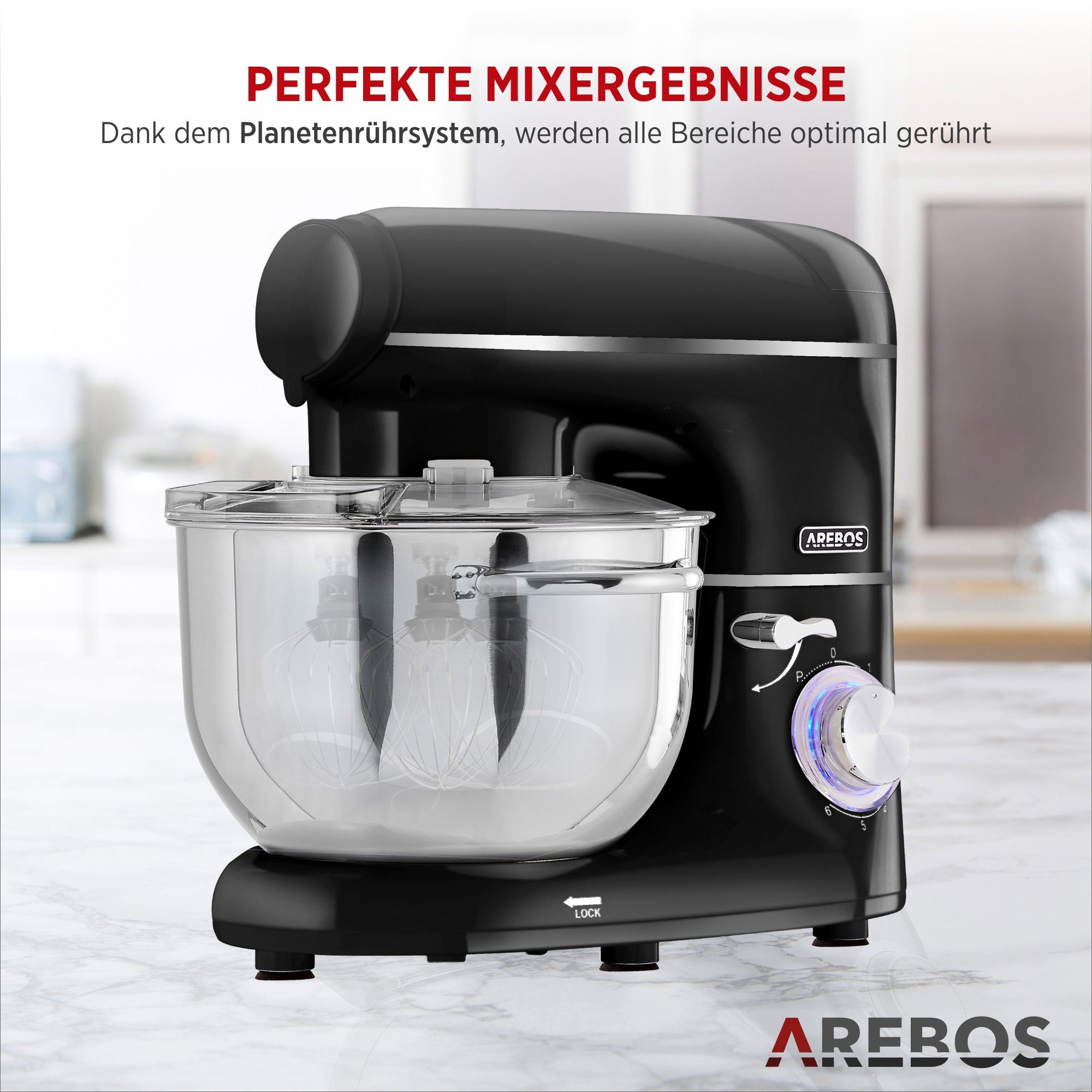 Arebos Küchenmaschine Fleischwolf, Nudelmaschine, Edelstahl-Schüssel, 1500 W, 5,50 l Schüssel, 3in1