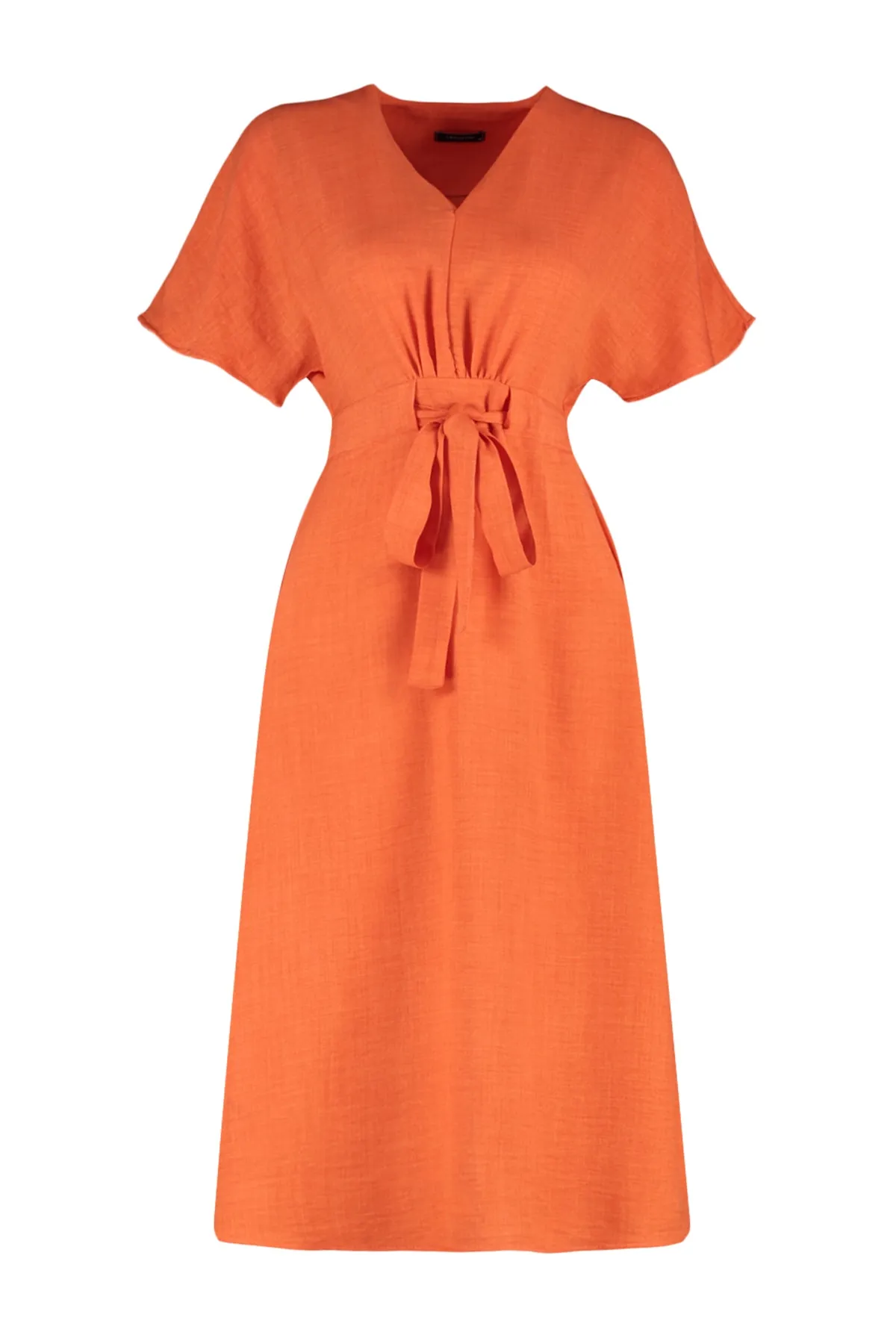Trendyol Collection  Orangefarbenes Midi-Webkleid in A-Linie/Glockenform mit Schnürung TWOSS23EL01543