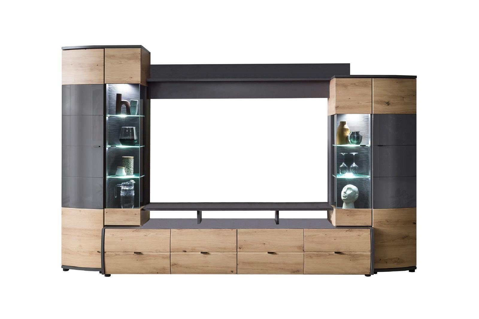 möbelando Wohnwand Flori, Moderne Wohnwand, Front aus MDF in Artisan-Eiche / Anthrazit mit Glasabsetzung, Korpus aus melaminharzbeschichteter Spanplatte in Anthrazit / Artisan-Eiche, mit 1 TV-Lowboard, 1 Wandboard, 2 Vitrinen, mit 4 Türen, 4 Schubkäs