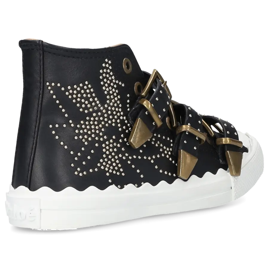 Chloé - Sneaker SUSANNA High Leder schwarz Nieten gold Floral - schwarz