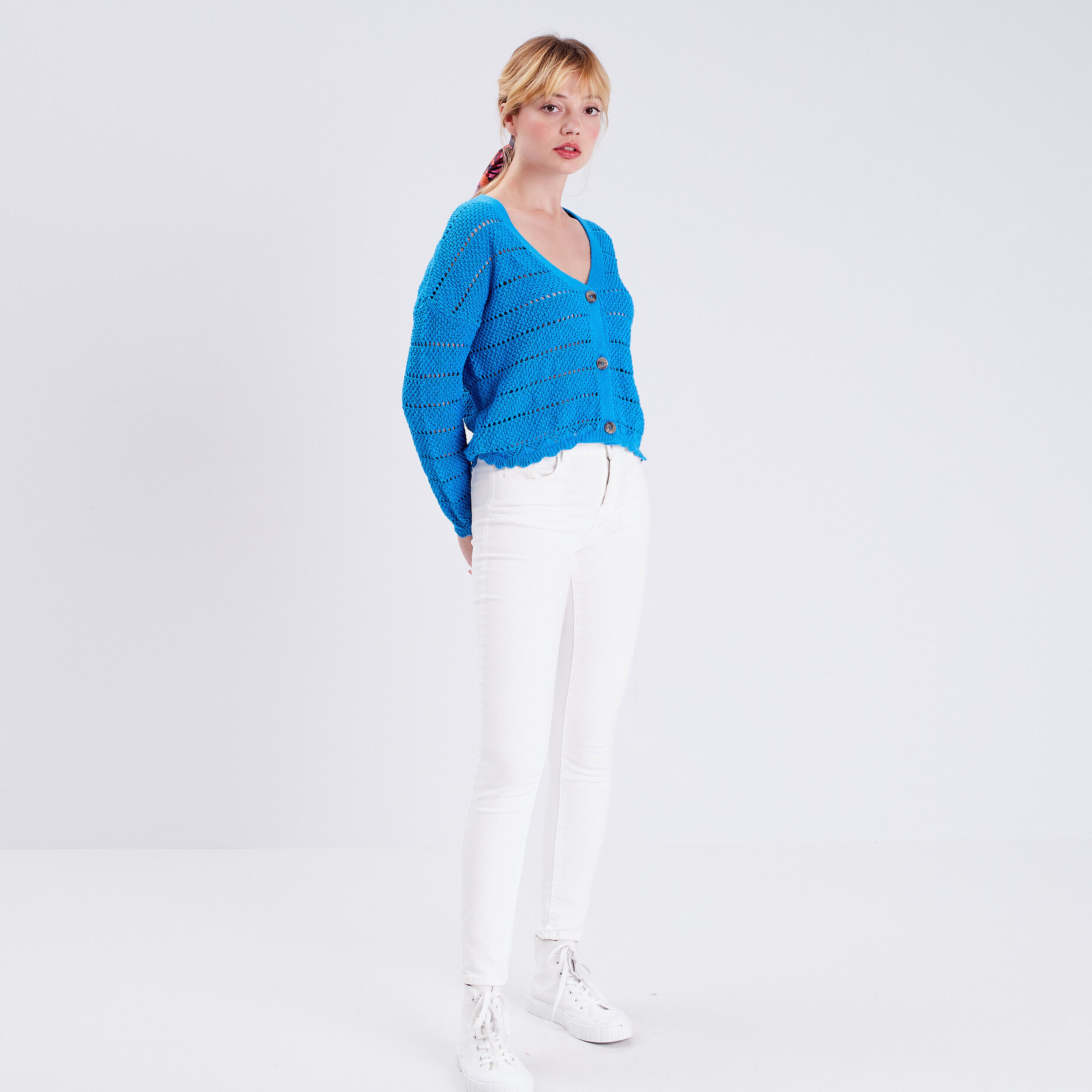 Gilet boutonné aspect crochet bleu femme | Cache Cache