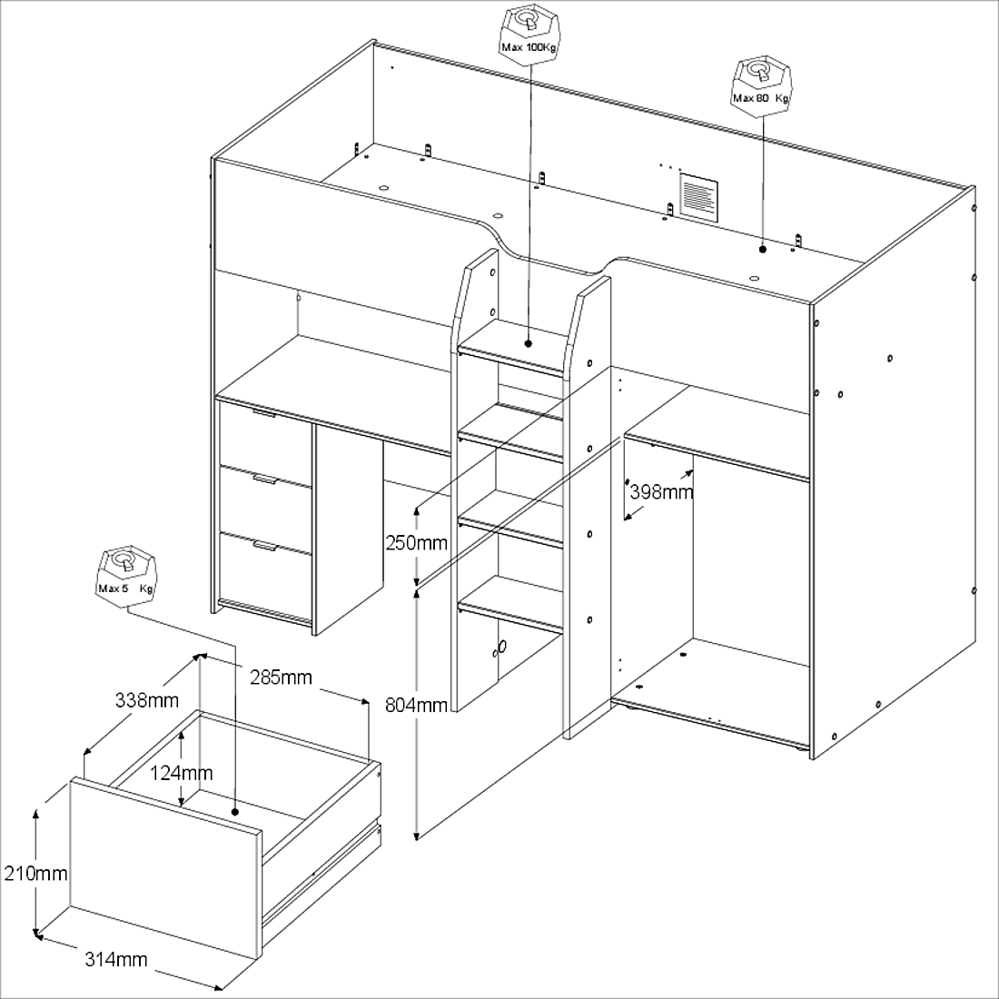 Parisot Hochbett, Tom - mit integriertem Schreibtisch und Kleiderschrank