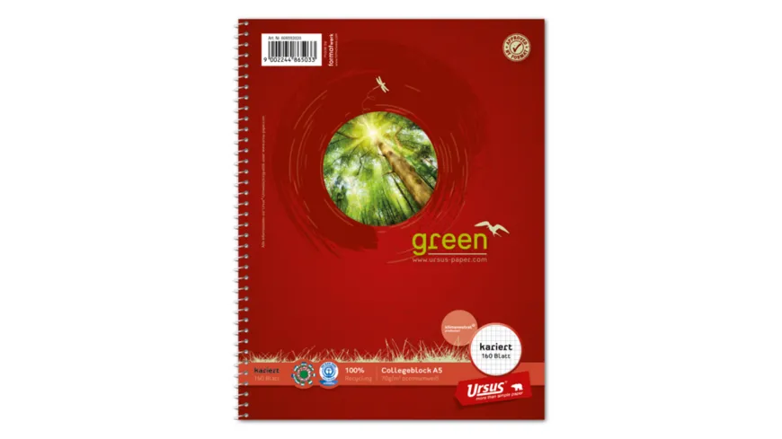 Ursus Green Collegeblock A5 160 Blatt 5mm kariert