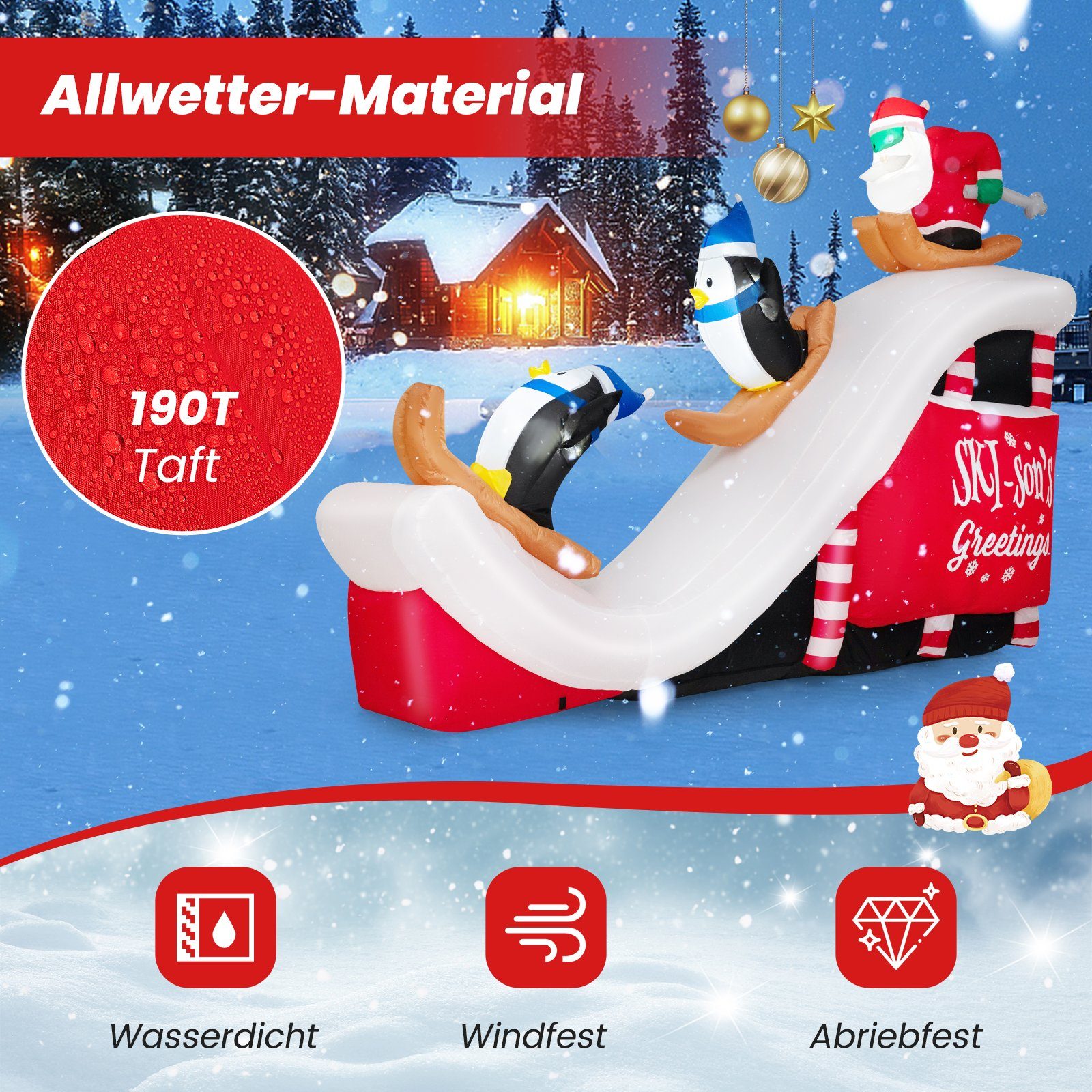 COSTWAY Weihnachtsmann, mit Skifahrenden Pinguinen, aufblasbar, 220 cm