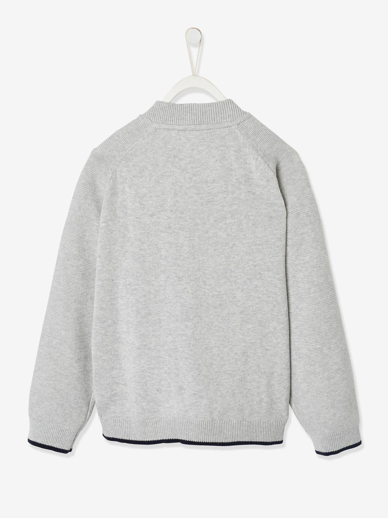 Gilet zippé garçon col teddy maille fantaisie gris chiné