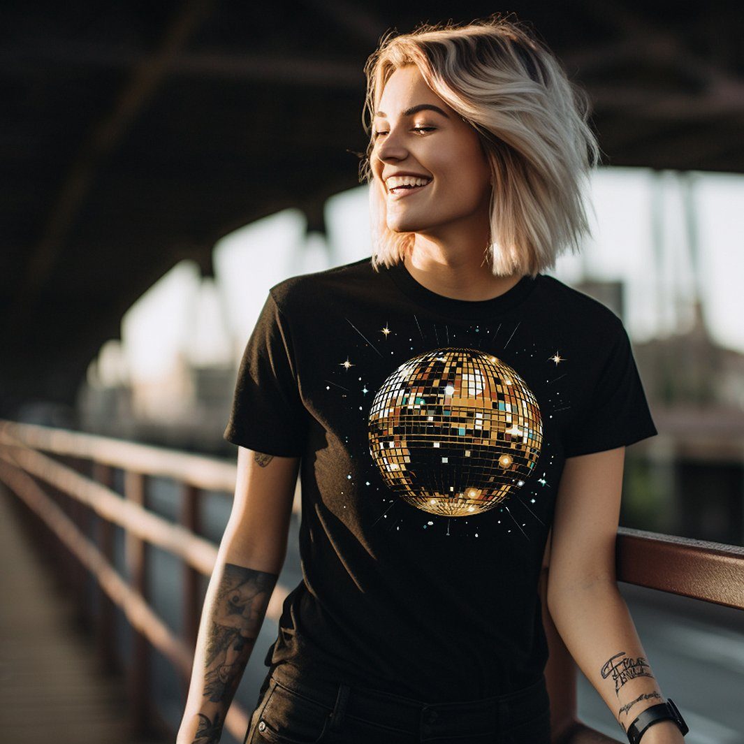 MAKAYA Print-Shirt Damen Disco Star Hippie 70er 80er Jahre Party Top Glitzer Discokugel Frauen, Mädchen
