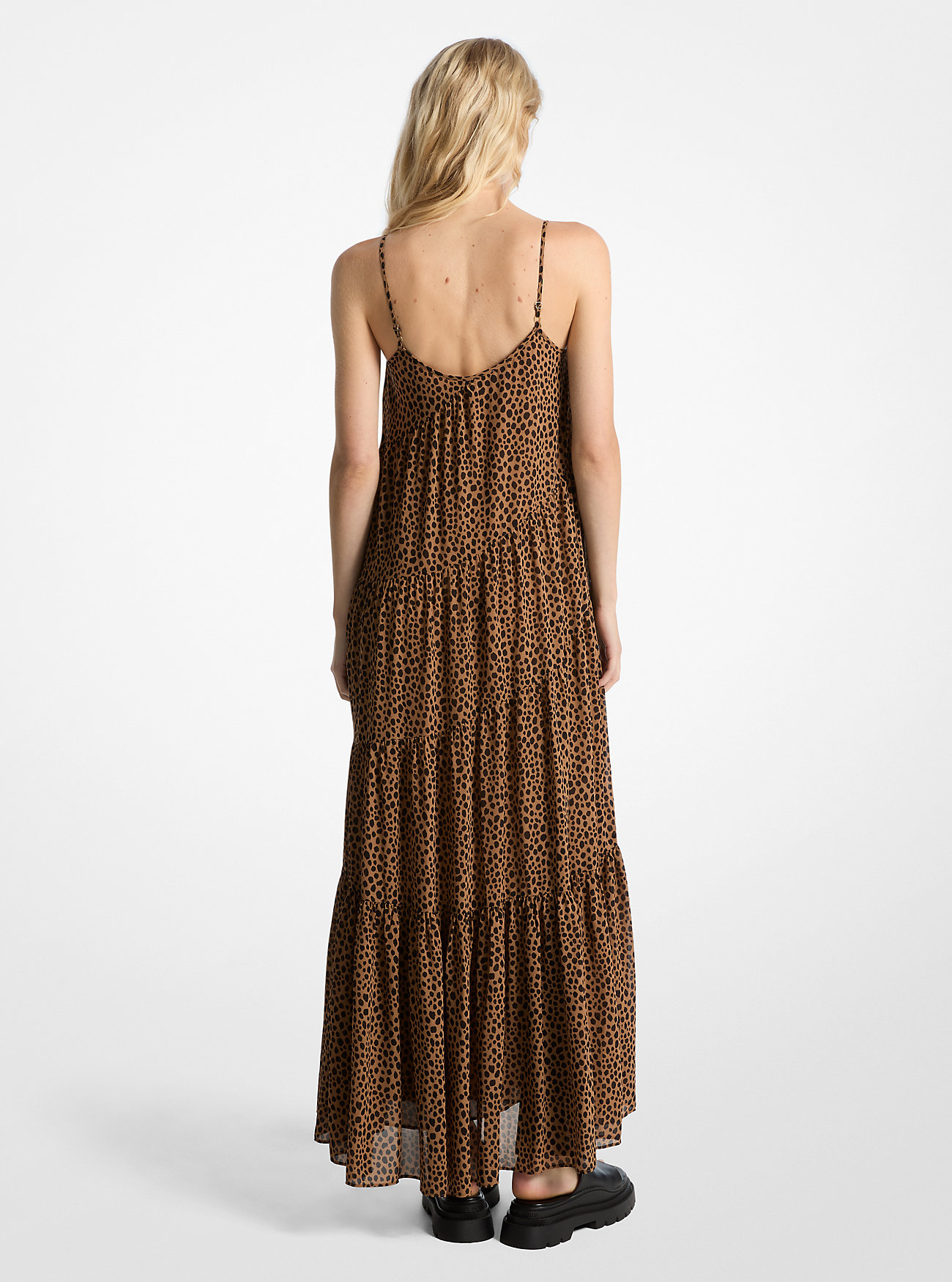 Cheetah Print Georgette Tiered Maxi Dress - CAFE