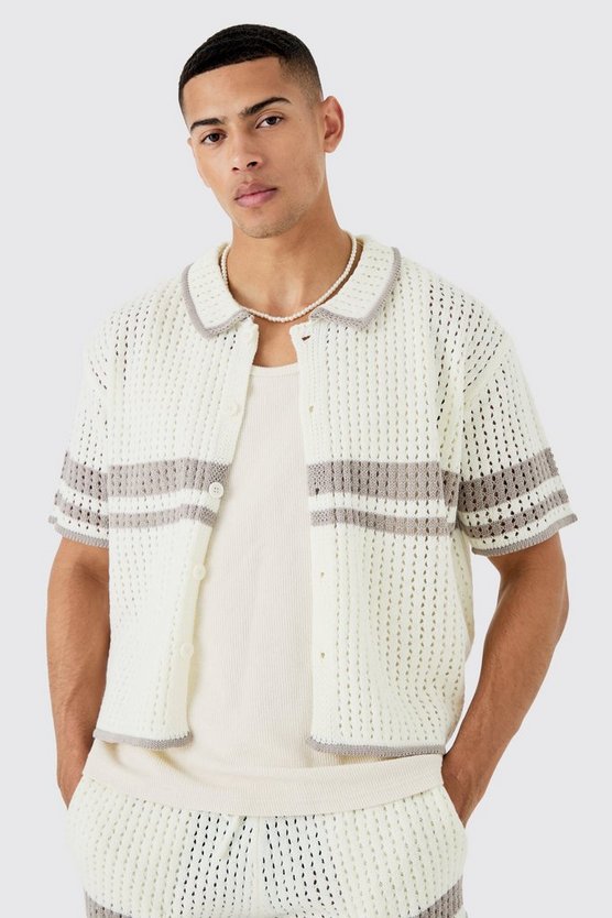 Kastiges Oversize Strick-Hemd mit Statement-Streifen