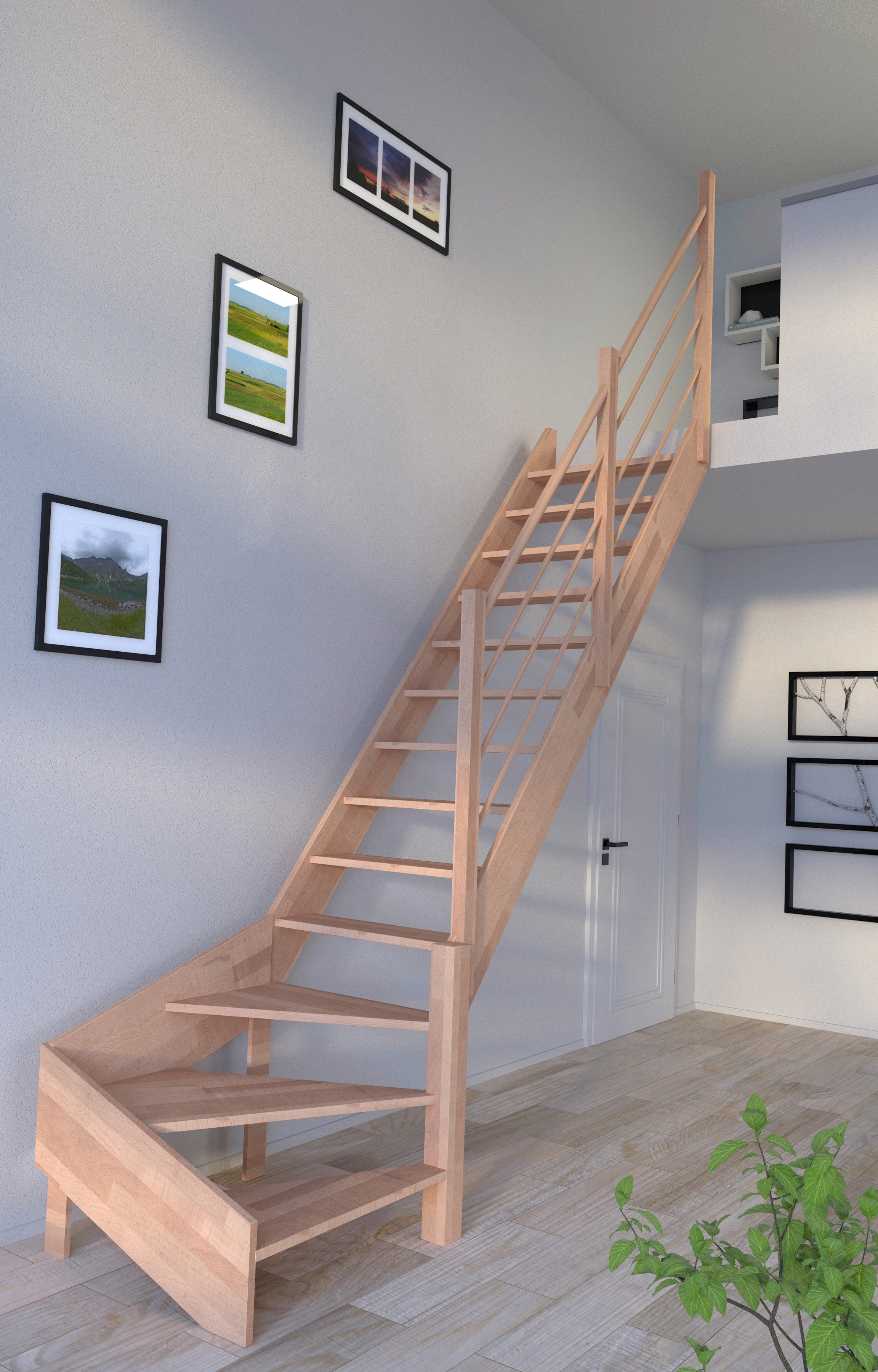 Starwood Raumspartreppe Massivholz Rhodos, Holz-Holz Design Geländer, für Geschosshöhen bis 300 cm, Stufen offen, gewendelt Rechts, Durchgehende Wangenteile