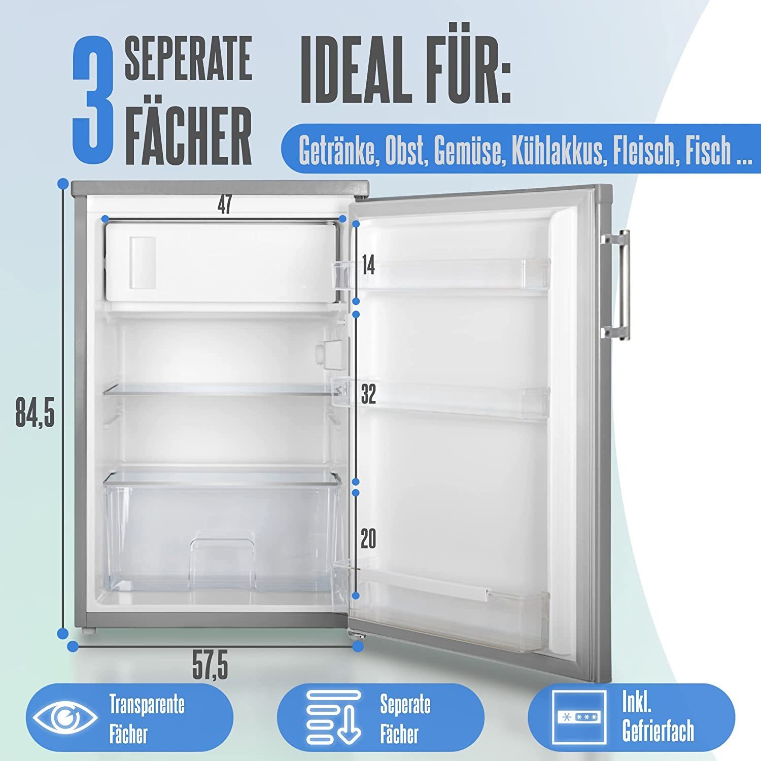 Heinrich´s Getränkekühlschrank Fridge, Minibar HKS 4190, 84.5 cm hoch, 56 cm breit, 20L klein kompakt leise: 40db mit Gefrierfach