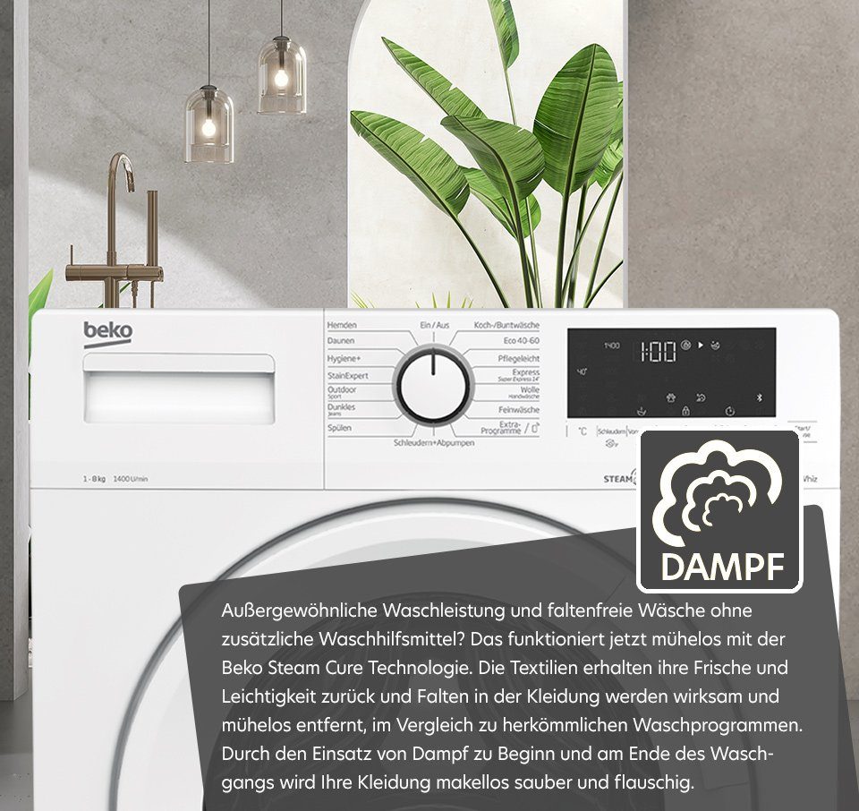 BEKO Waschmaschine WML8146T5STR1 7001440074, 8 kg, 1400 U/min, Mengenautomatik, AddXtra Nachlegefunktion, Bluetooth, Pet Hair Removal