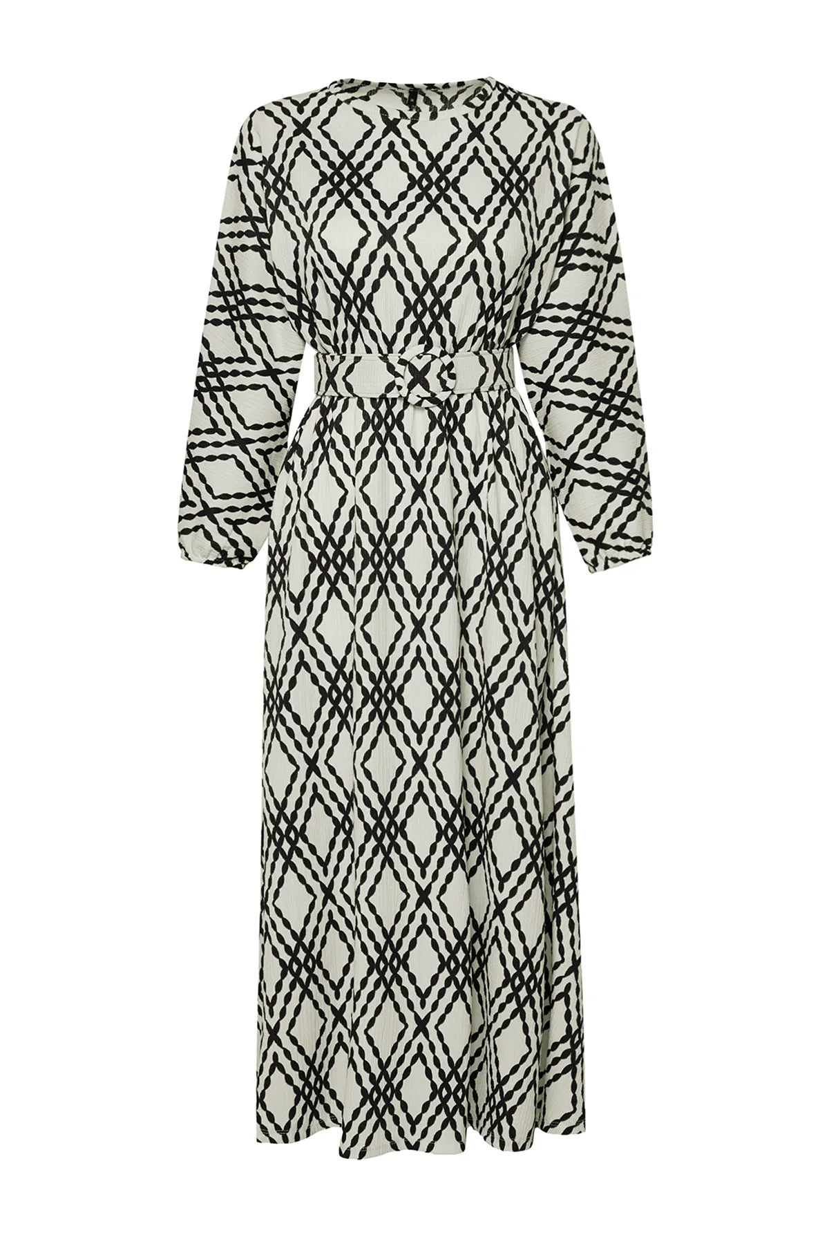 Trendyol Modest  Schwarzes, gemustertes Kleid aus Crinkle-Gewebe mit Gürteldetail TCTSS24EB00233
