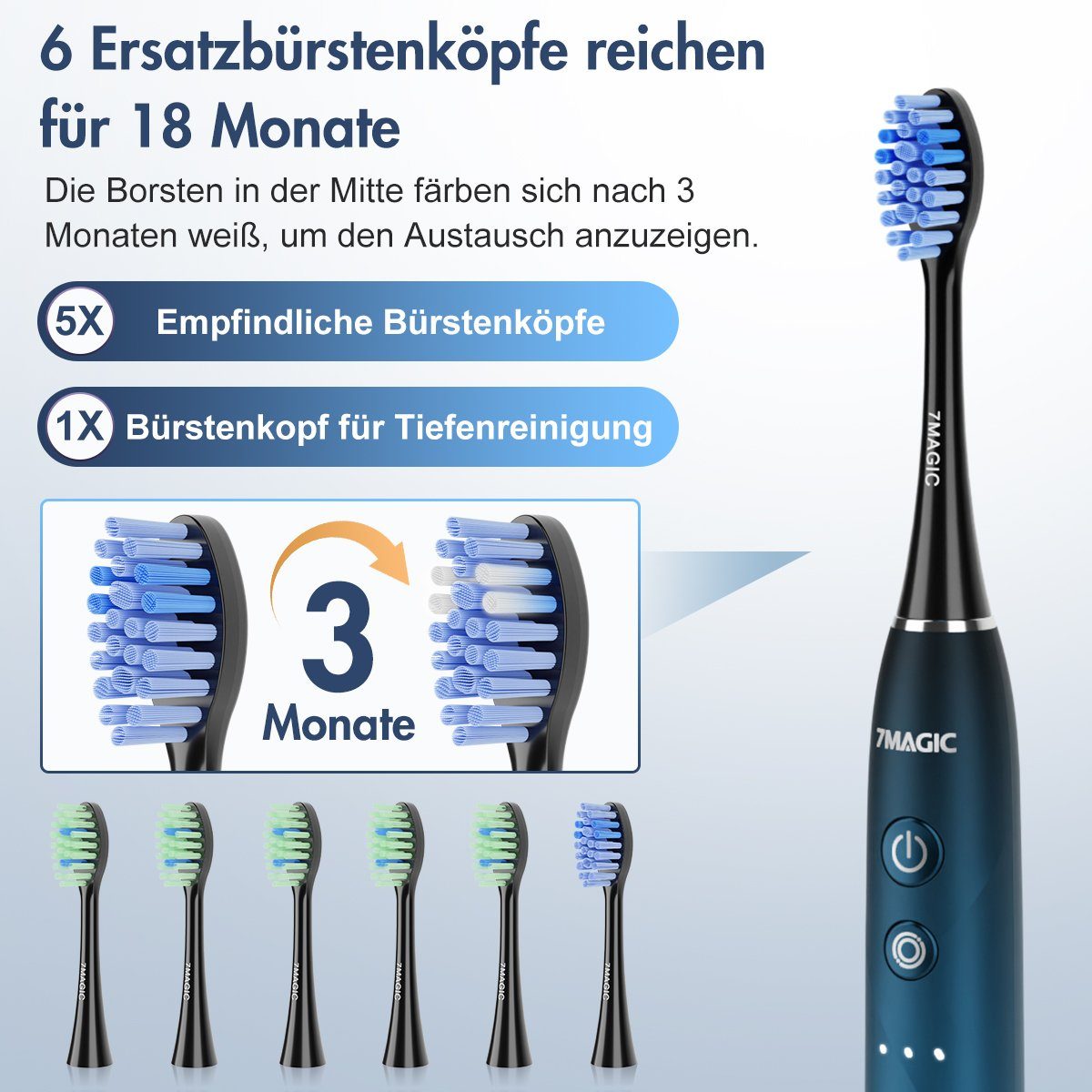 7Magic Schallzahnbürste Elektrische Zahnbürste mit 40000VPM Schalltechnologie UIltraschall, Aufsteckbürsten: 6 St., mit Reiseetui, Zahnbürstenhalter, 6 Zahnputz-Modi, 6 Zahnbürstenköpfen, Putzdauer-Erinnerung