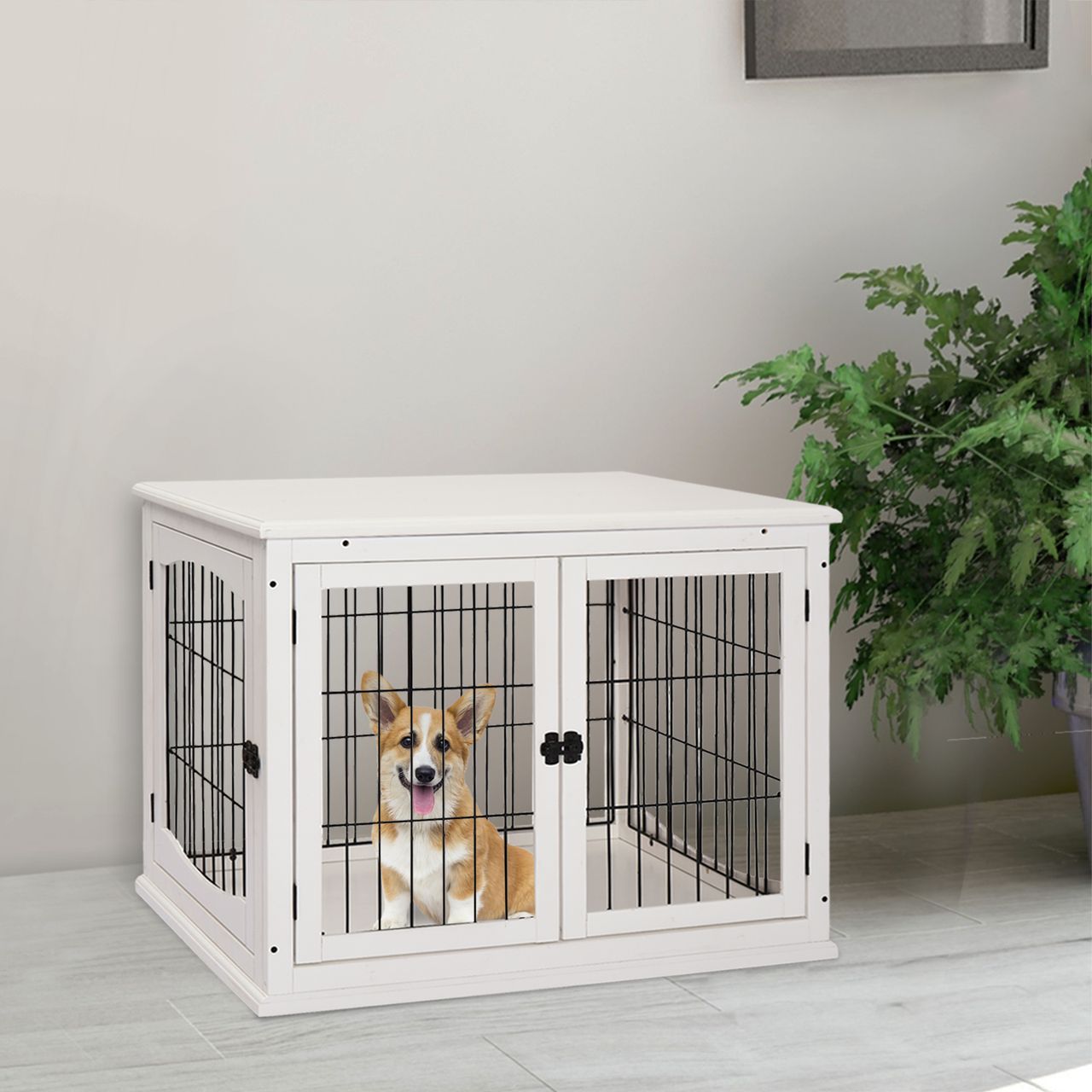 PawHut Hundehütte mit Tischoberfläche, Hundebox für innen, Hundekäfig für Zuhause, 2 Türen, Tierkäfig, Haustier, MDF, Metall, Weiß, 81 x 58,5 x 66 cm