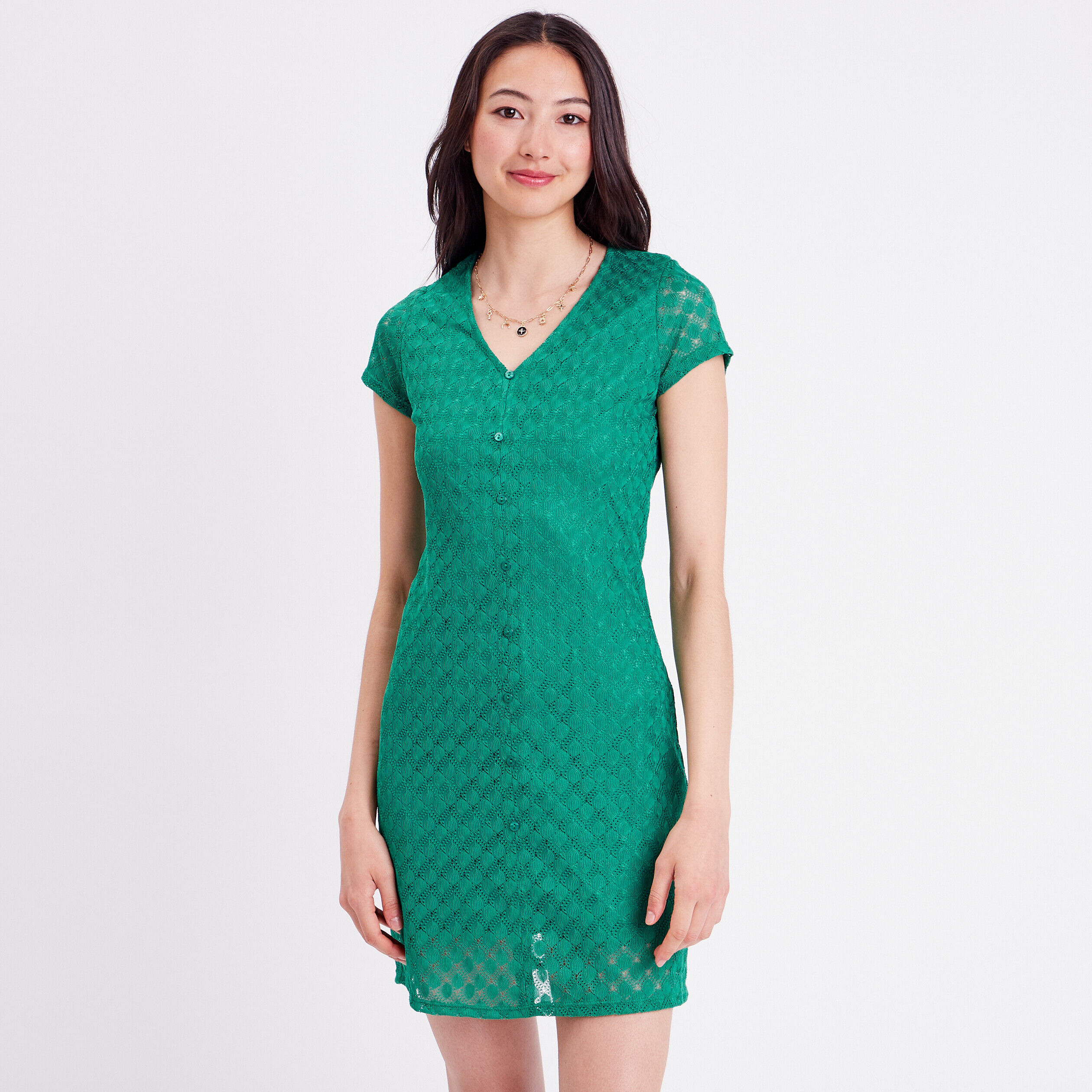 Robe évasée ajourée col en V vert femme | Cache Cache