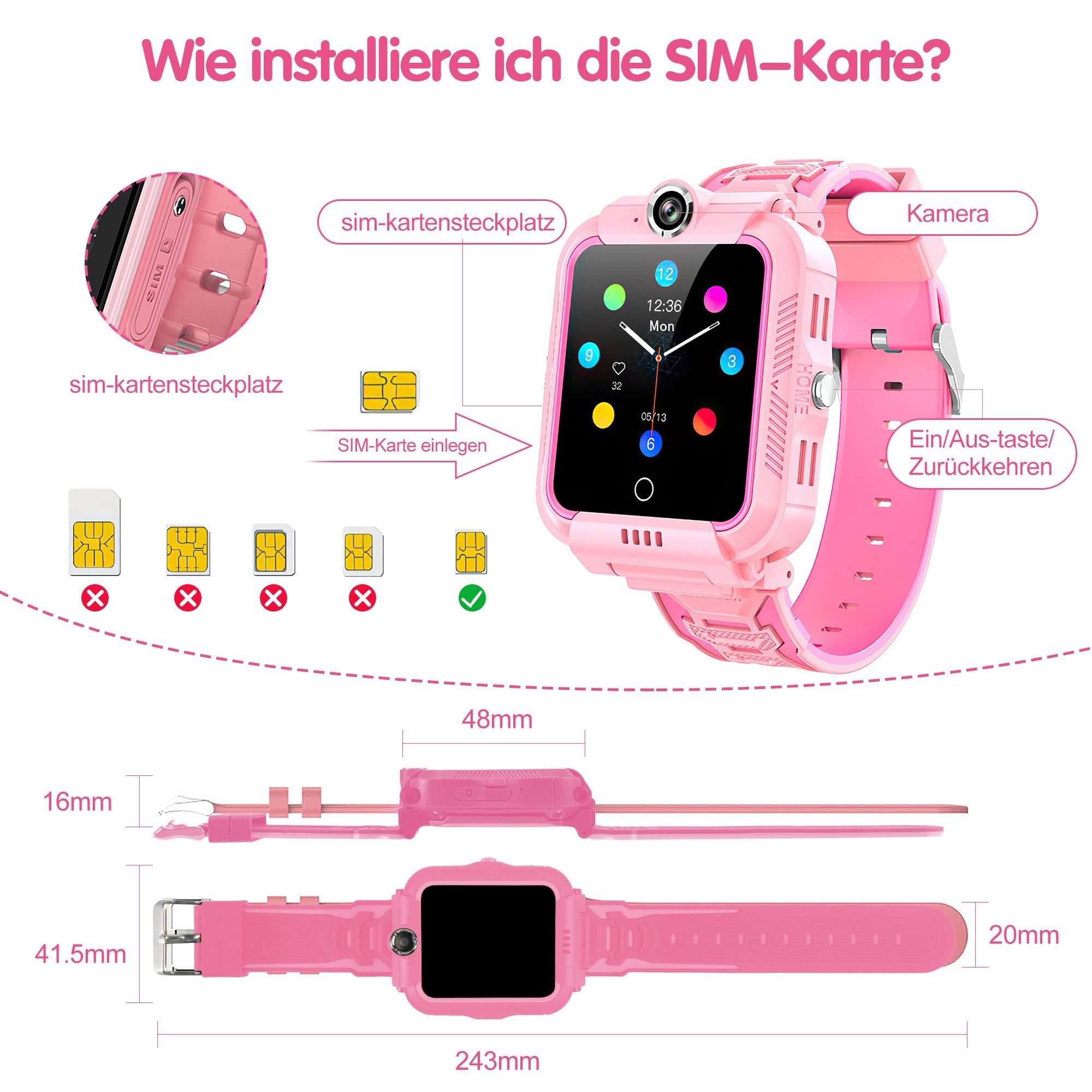 Tisoutec Kinder Smartwatch Telefon,Anrufe,Nachrichten, Smartwatch (Smartwatch (1.4 cm/ martwatch Telefon für Kinder - 4G, Kamera,telefonieren Zoll Zoll), Speicher 1+8G