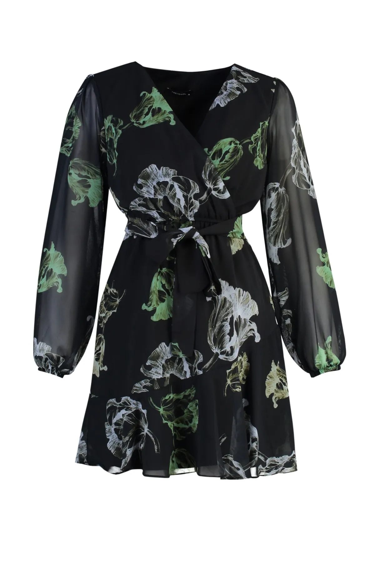 Trendyol Collection  Schwarzes, gemustertes Webkleid mit Gürtel TWOAW23EL00349