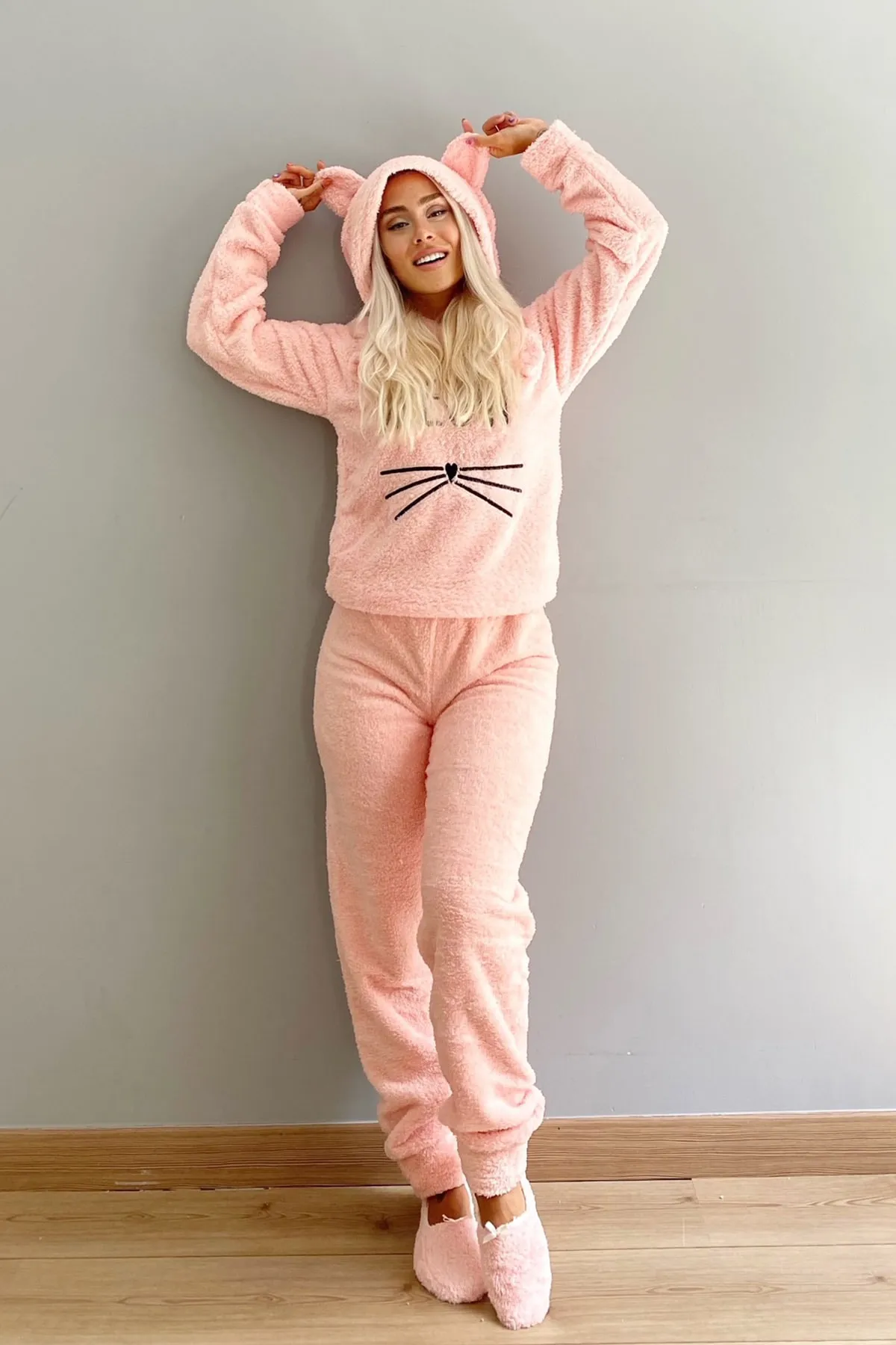 Pijamaevi  Lachs-Meow-gemustertes Vollplüsch-Pyjama-Set