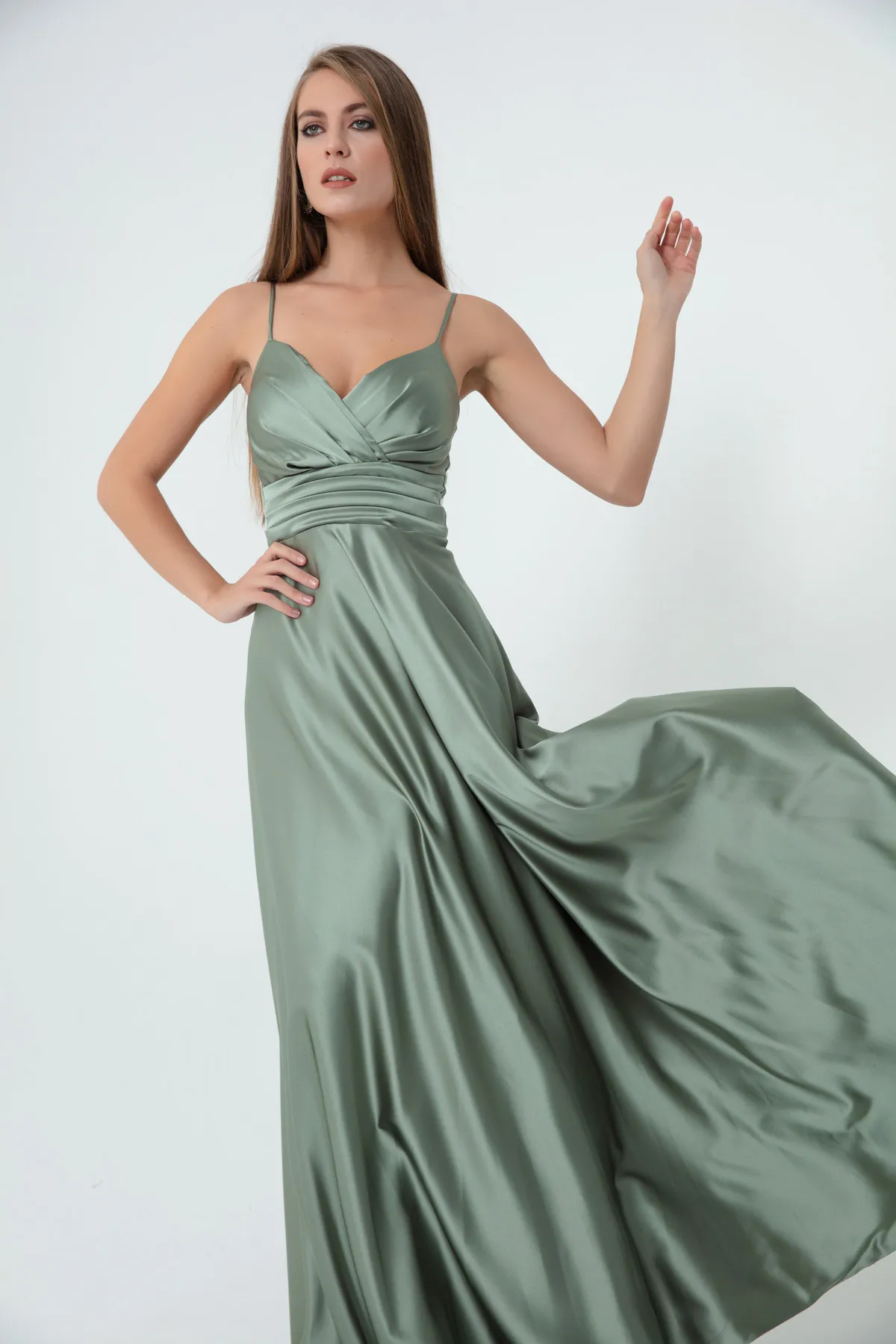 Lafaba  Mintgrünes langes Abendkleid und Abschlusskleid aus Satin mit Seilriemen und Taillengürtel für Damen