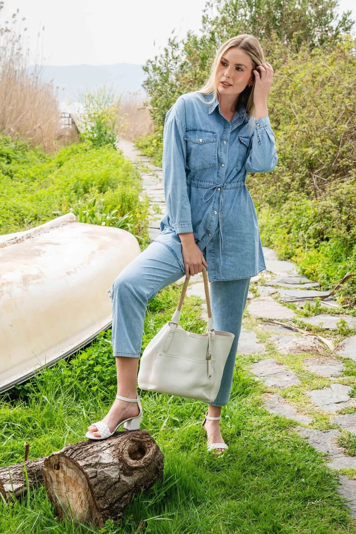 Olcay  Tuniği Kordelzug Taille Hose Dünne Denim Set mit Elastische Taille BLAU 9226-TK