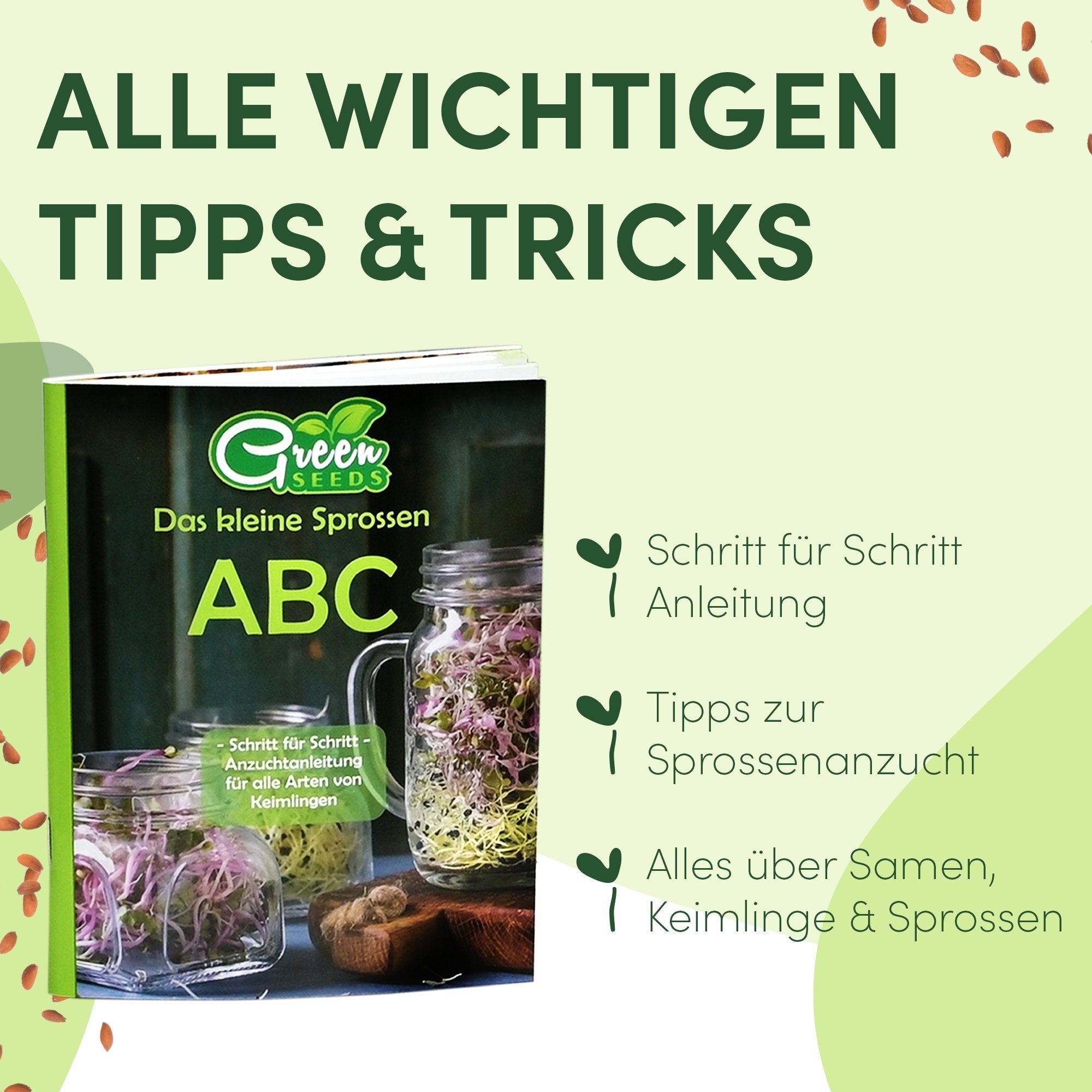 Green SEEDS Anzuchttopf Sprossenglas Keimglas 1er Set + KRESSESIEB, 1000ml mit hochwertigem Edelstahl-Gitterdeckel, Ständer, Keramikschale + Sprossen-ABC [Druckversion]