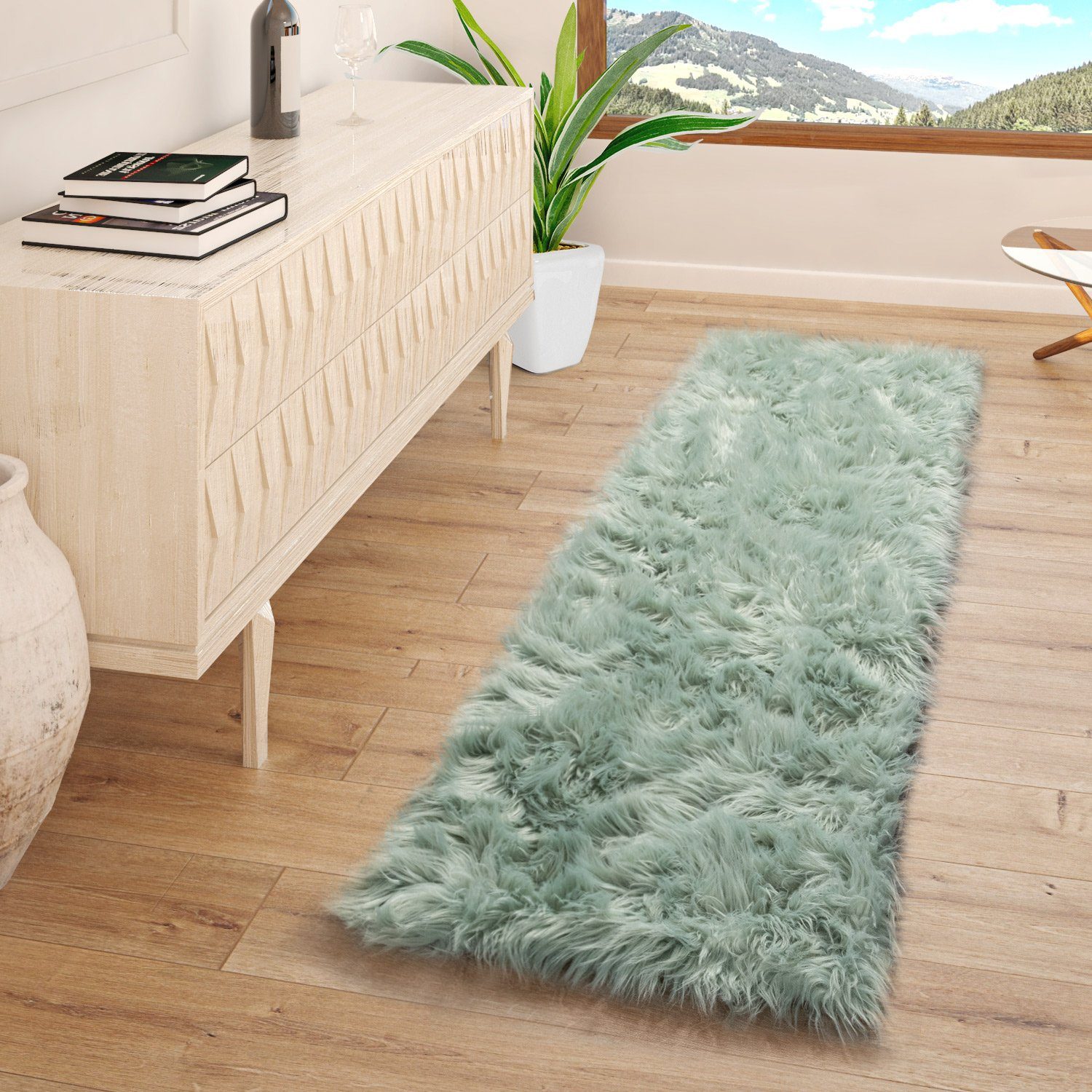 Fellteppich Wohnzimmer Hochflor Teppich Kunst-Fell Design, TT Home, rund, Höhe: 64 mm