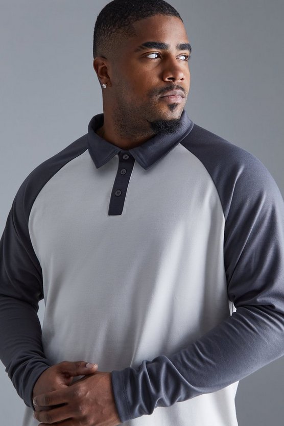 Plus langärmliges Slim-Fit Raglan Colorblock Poloshirt