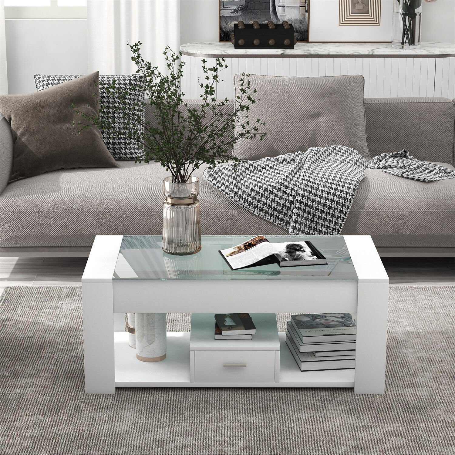 DOTMALL Tischsitz Couchtisch Glasplatte mit Stauraum Wohnzimmer Weiß