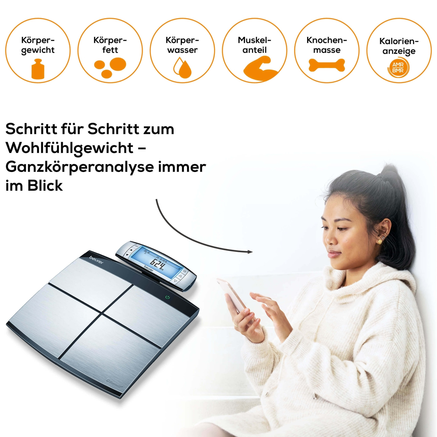 Beurer Diagnosewaage BF 105 BodyComplete-Körperwaage mit Ganzkörperanalyse Ober-/Unterkörper & App-Anbindung bis 180 kg