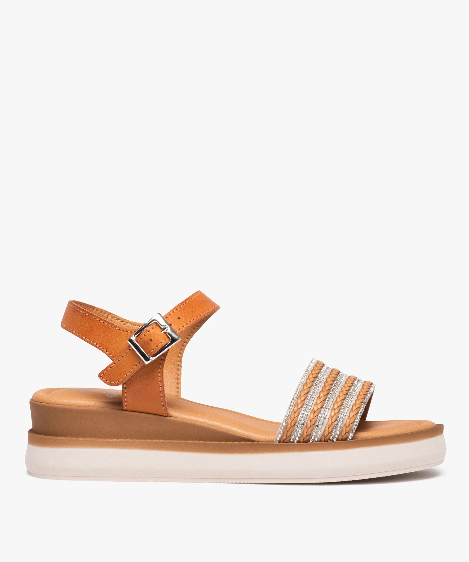 Sandales femme unies à talon compensé et bride à strass camel | GEMO