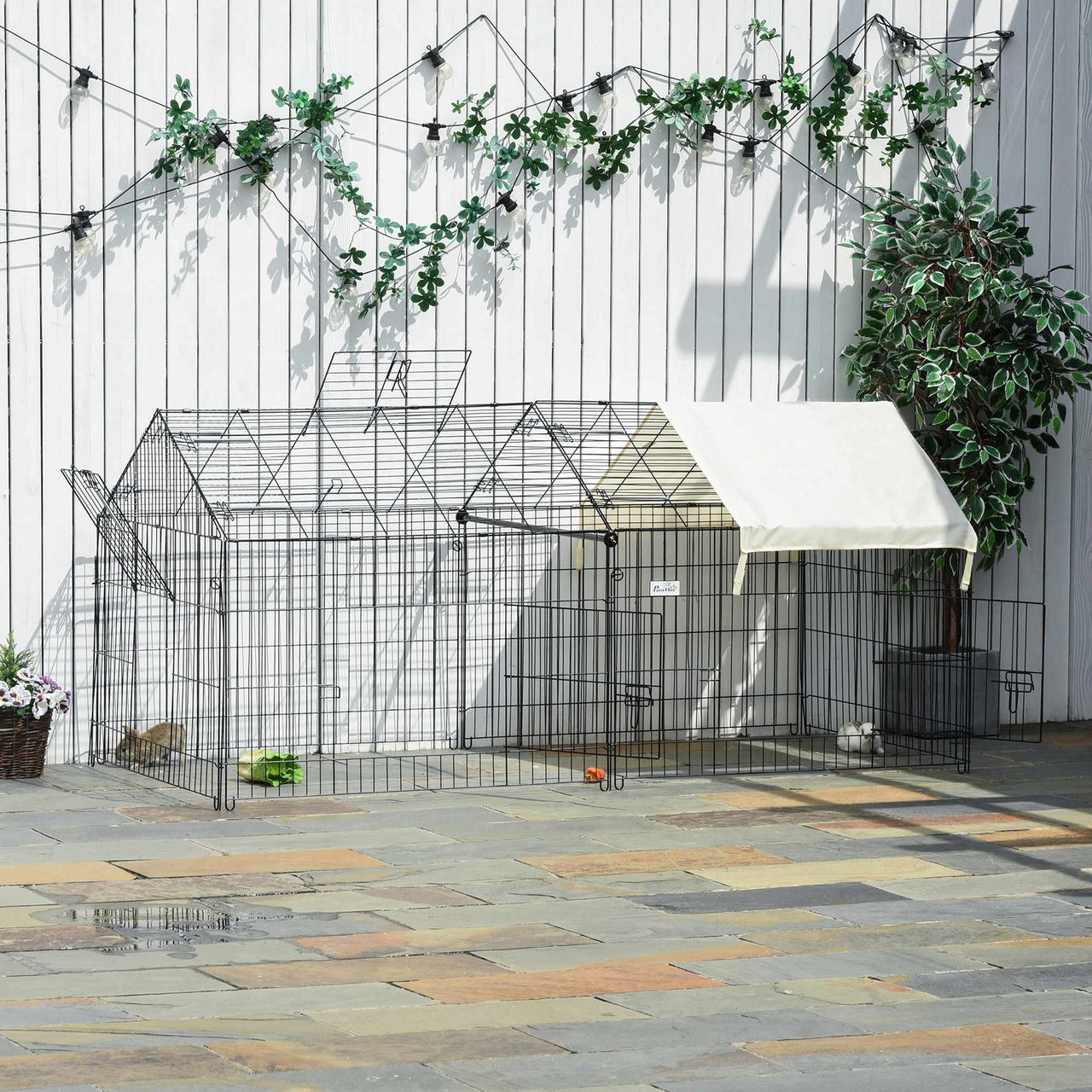 PawHut Freigehege Freilaufgehege Hasenkäfig mit Sonnenschutz Metall Beige Schwarz 220 x 103 x 103 cm