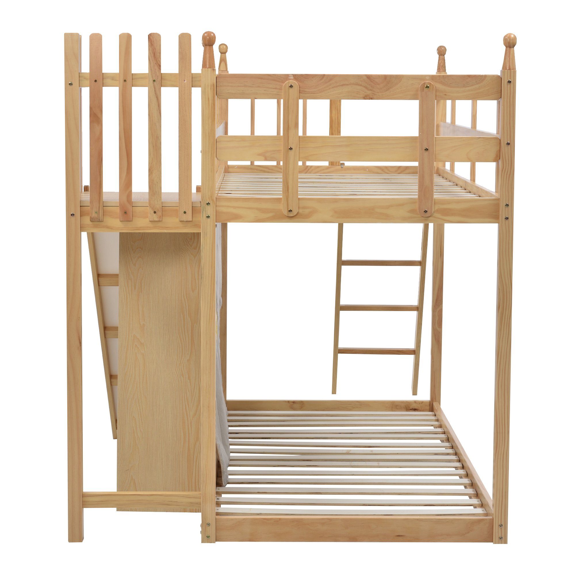 WISHDOR Holzbett Kinderbett, Etagenbett, Bett, Gästebetten, Hausbett 90x200cm (mit Fallschutz und Gitter, Rahmen aus Kiefer, mit Treppe und Zäune, mit Bettvorhang, Rutsche und Regal), Ohne Matratze