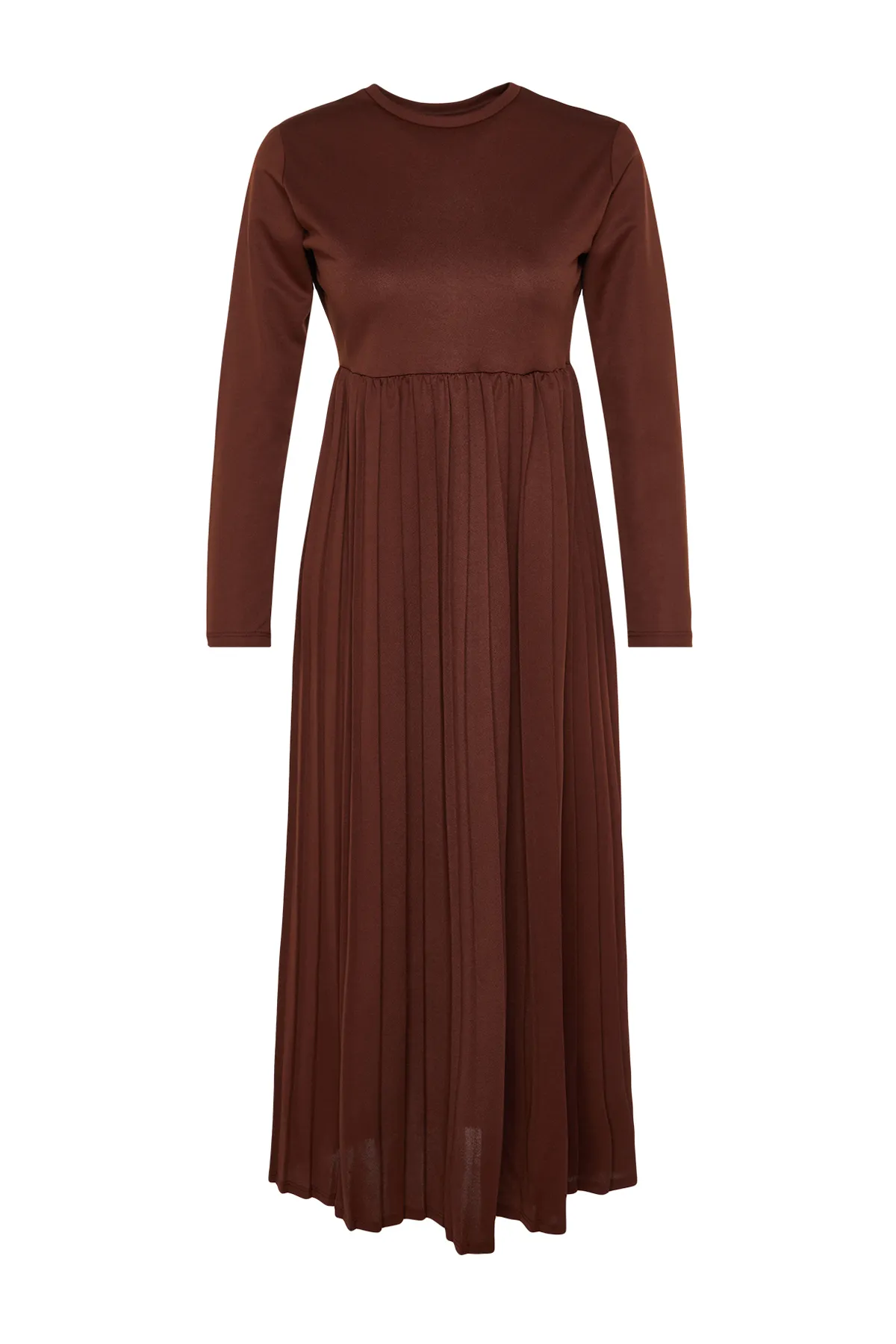Trendyol Modest  Braunes, plissiertes Scuba-Strickkleid mit Rock TCTAW24EL00000