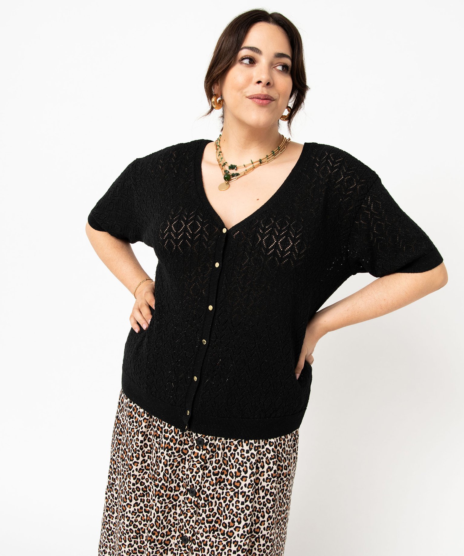 Gilet à manches courtes en maille ajourée femme grande taille noir | GEMO