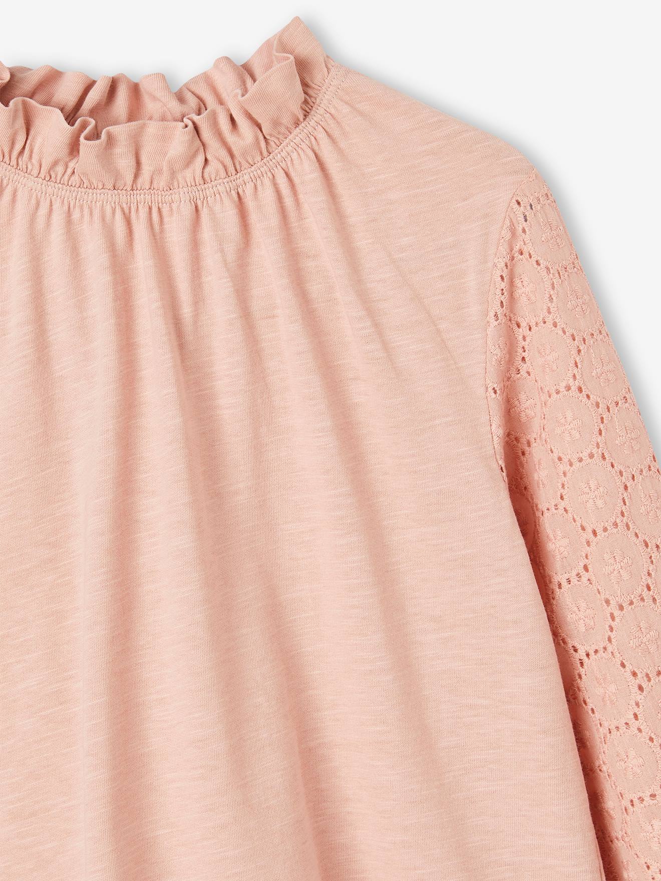 Tee-shirt manches longues en broderie anglaise fille rose pâle