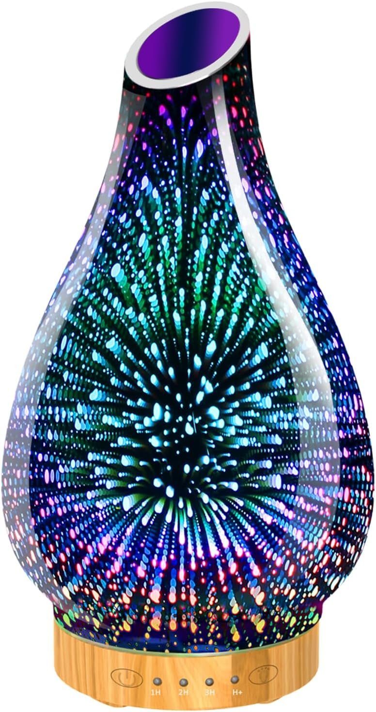 megadot Diffuser Aroma Diffuser, Handblown 3D Ultraschall Leise Luftbefeuchter, 7 farbwechselnde LEDs Raumbefeuchter BPA Frei mit Timer