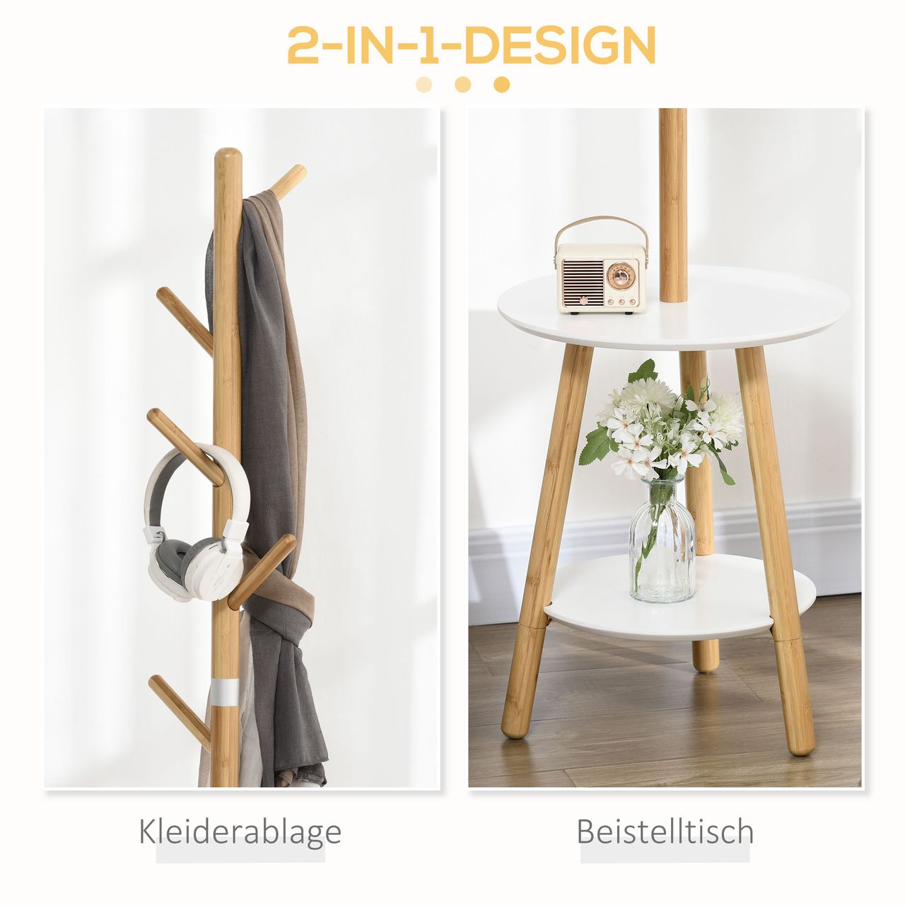 HOMCOM Garderobenständer, 171 cm Kleiderständer mit 5 Haken, Beistelltisch