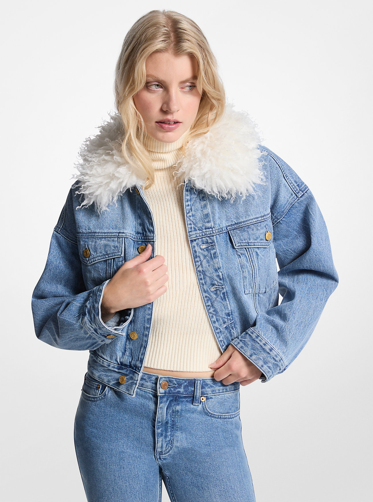 Faux Fur Collar Denim Jacket - BLUESKY WASH