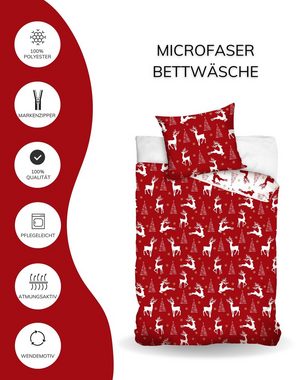 Bettwäsche Weihnachten Rentier & Tannenbaum, angenehm & weich, MTOnlinehandel, Microfaser, 2 teilig, winterliches Motiv, Christmas Time für Kinder, Teenager, Erwachsene