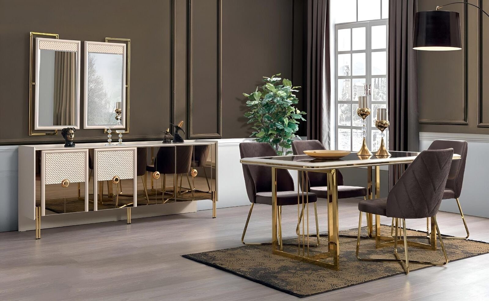 JVmoebel Esszimmer-Set Luxus Komplett Set Esszimmer Design Esstisch Sideboard mit Spiegel, (8-St., Esstisch/4x Stühle/Sideboard/2x Spiegel), Made in Europa