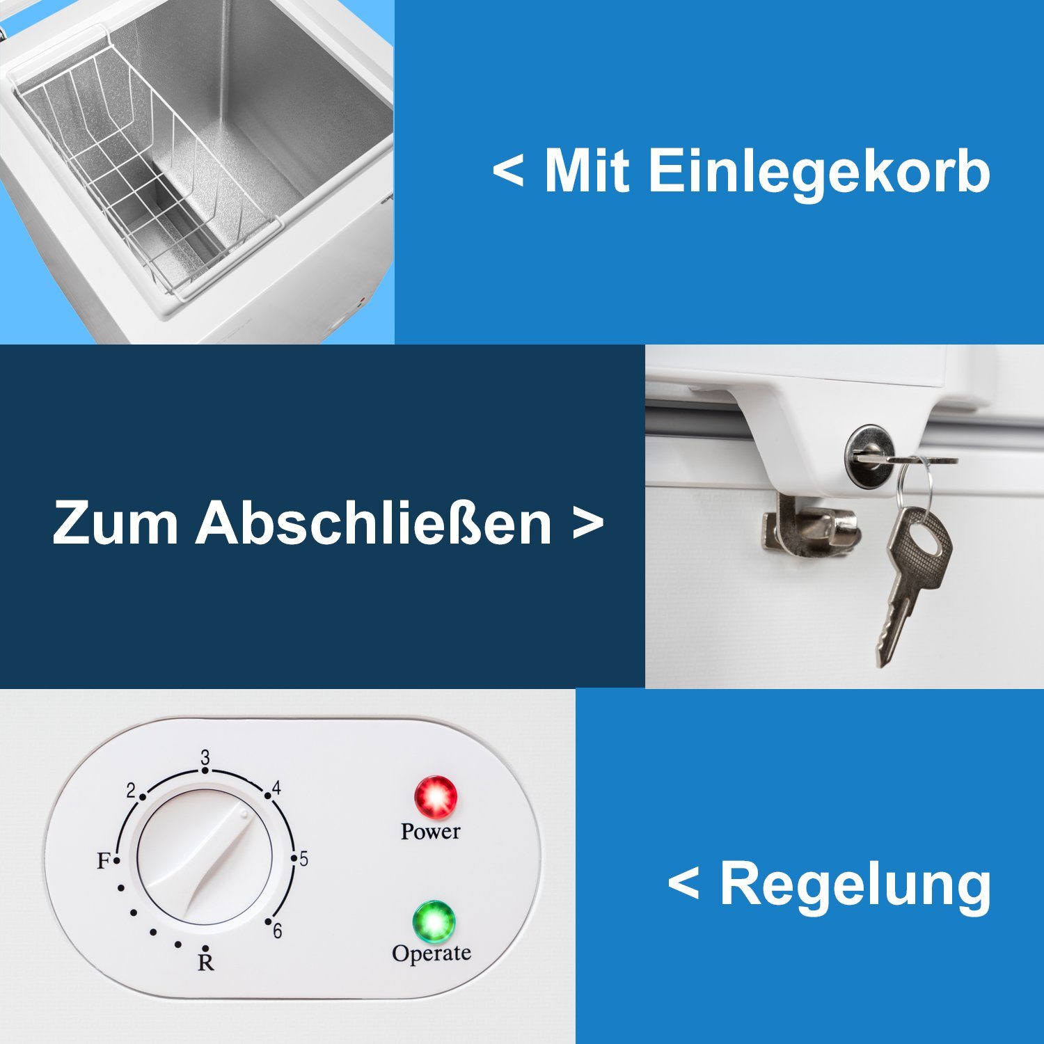 TroniTechnik Gefriertruhe BORGAR 110 PRO, 55 cm breit, 100 l, inkl. Dual Thermostat, LED Licht, Griff, Schloss, Rollen, Einlegekorb